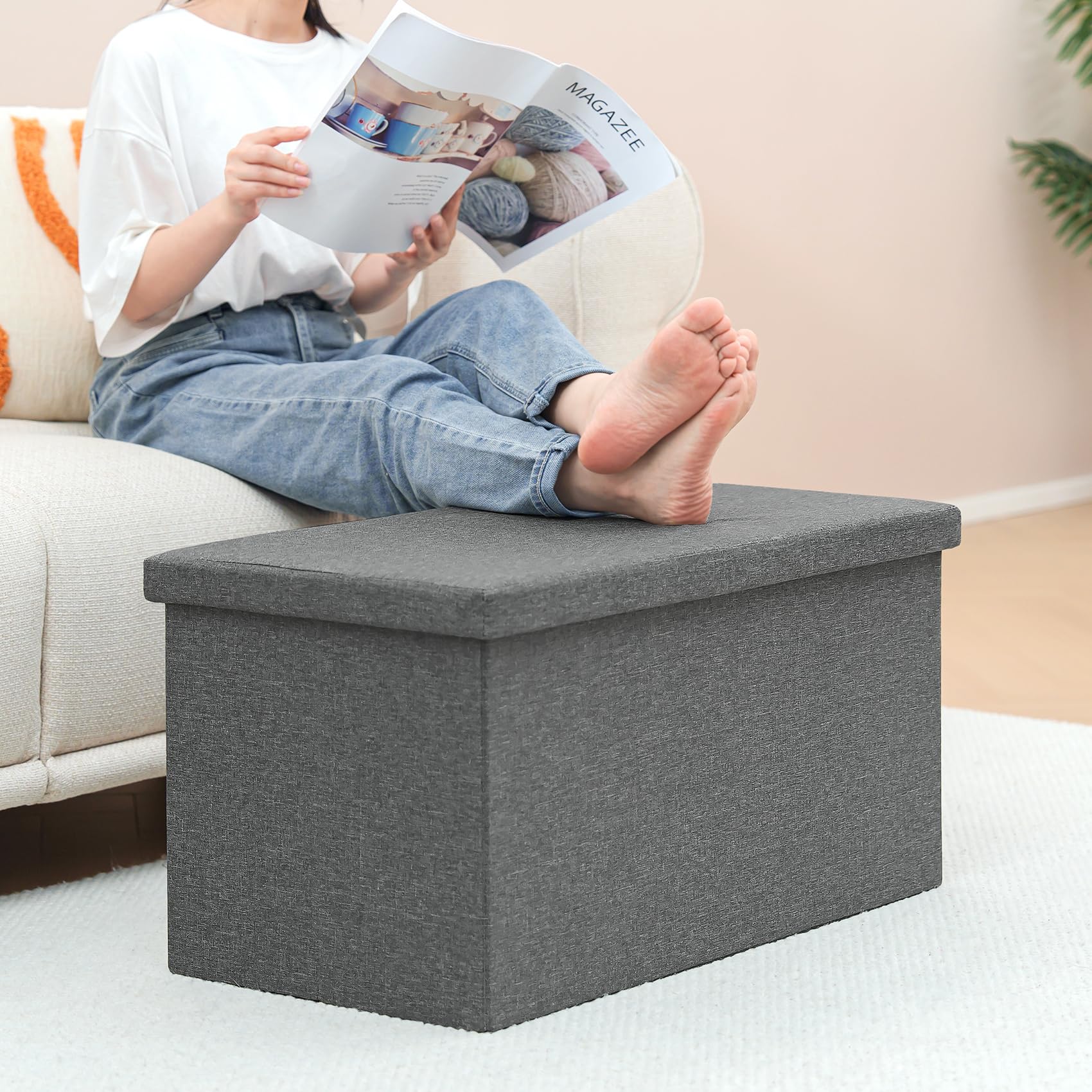 Banco otomano plegable de almacenamiento con bandeja de tapa, mesa de centro otomana de 30 pulgadas, silla de cubo gris, taburete de almacenamiento para sala de estar y dormitorio, soporta 4