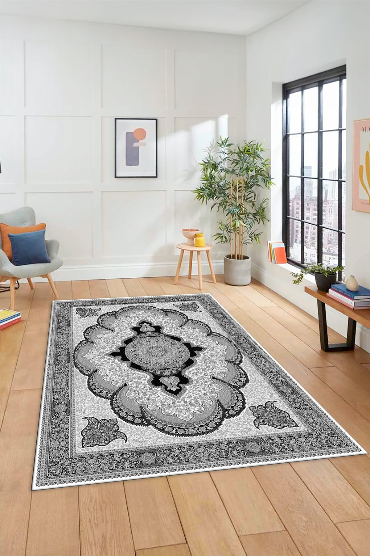 Evdeya Dijital Kaymaz Yıkanabilir Çerçeveli Göbekli Klasik Desen Salon Halısı KLASİK-02, Gri, 100 x 200