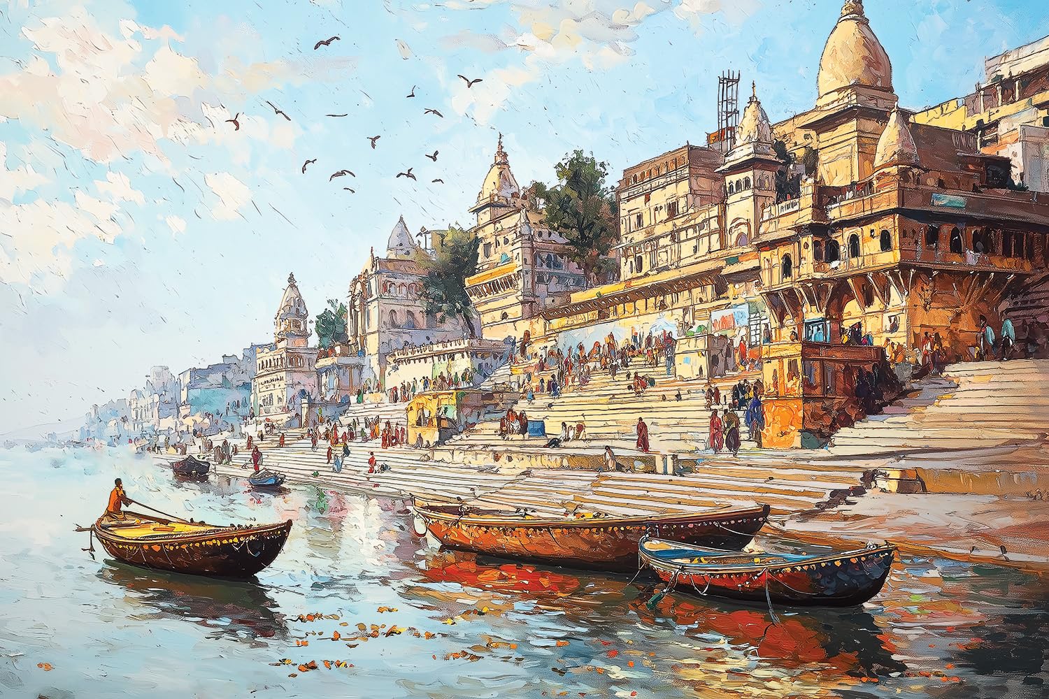 Viventiq Varanasi Ghat Painting for Wall Decoration (Without Frame) | Banaras Ghat Painting for Living Room | Ganga Ghat Painting for Living Room |Rolled Canvas Painting 36 inch L by 24 inch H