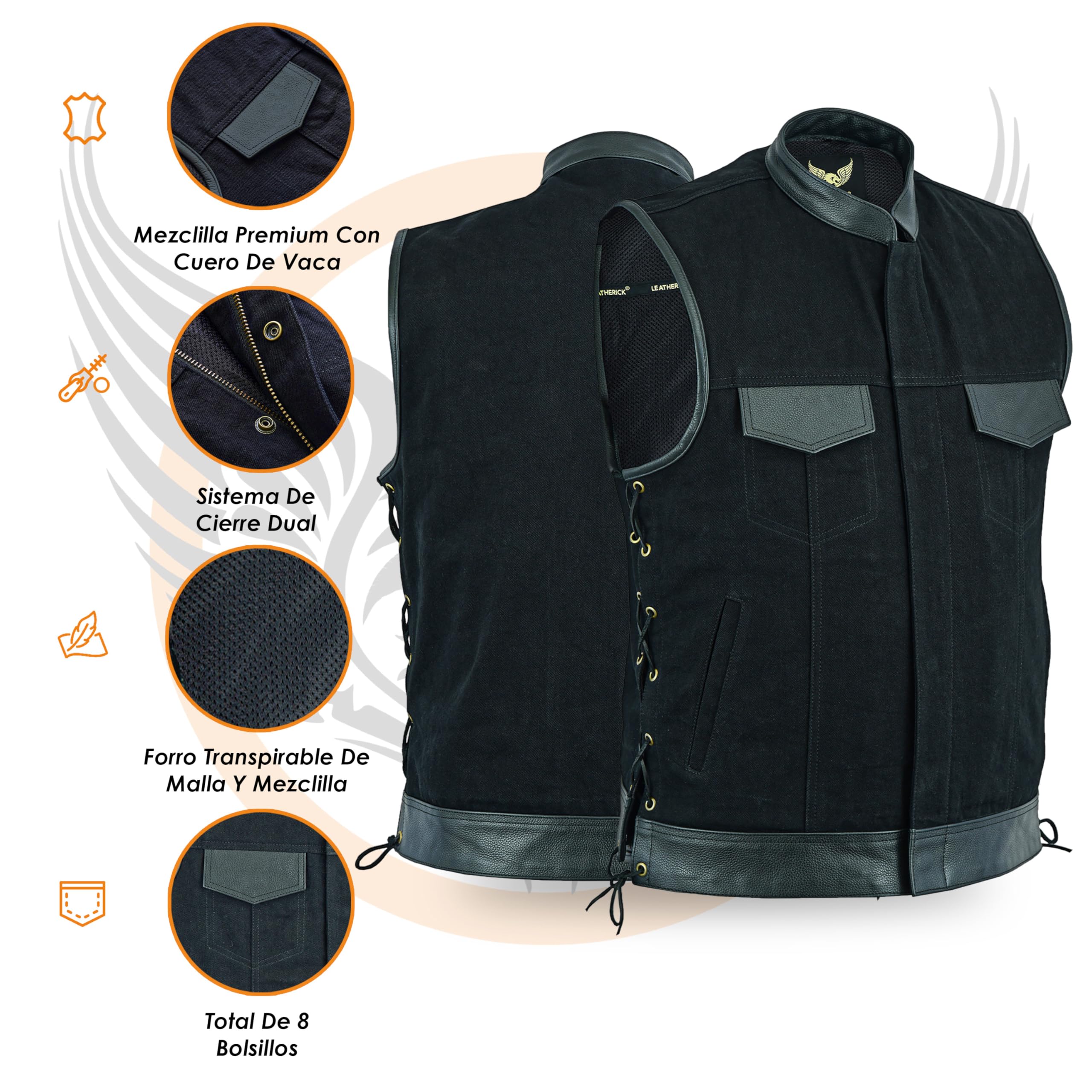 Leatherick Chaleco de hombre con ribete de cuero en denim pesado con encaje lateral estilo motero y bolsillos profundos