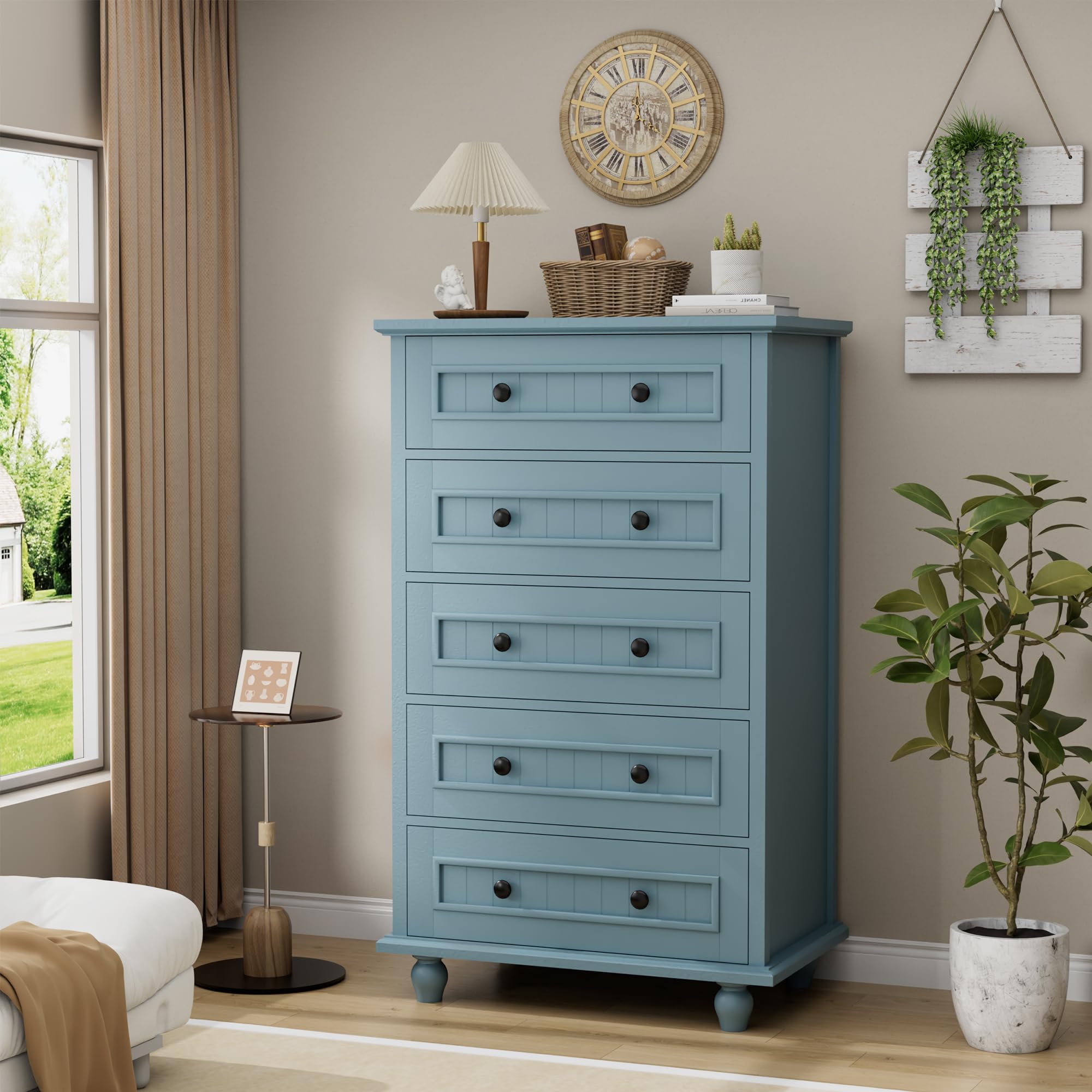 tall blue dresser Rustic 5-Drawer Dresser, 35.5 Inch Tall, Roman Column Design with Metal Handles - Navy Blue - Bed Bath & Beyond and simple shapes Teal blue tall dresser makeover