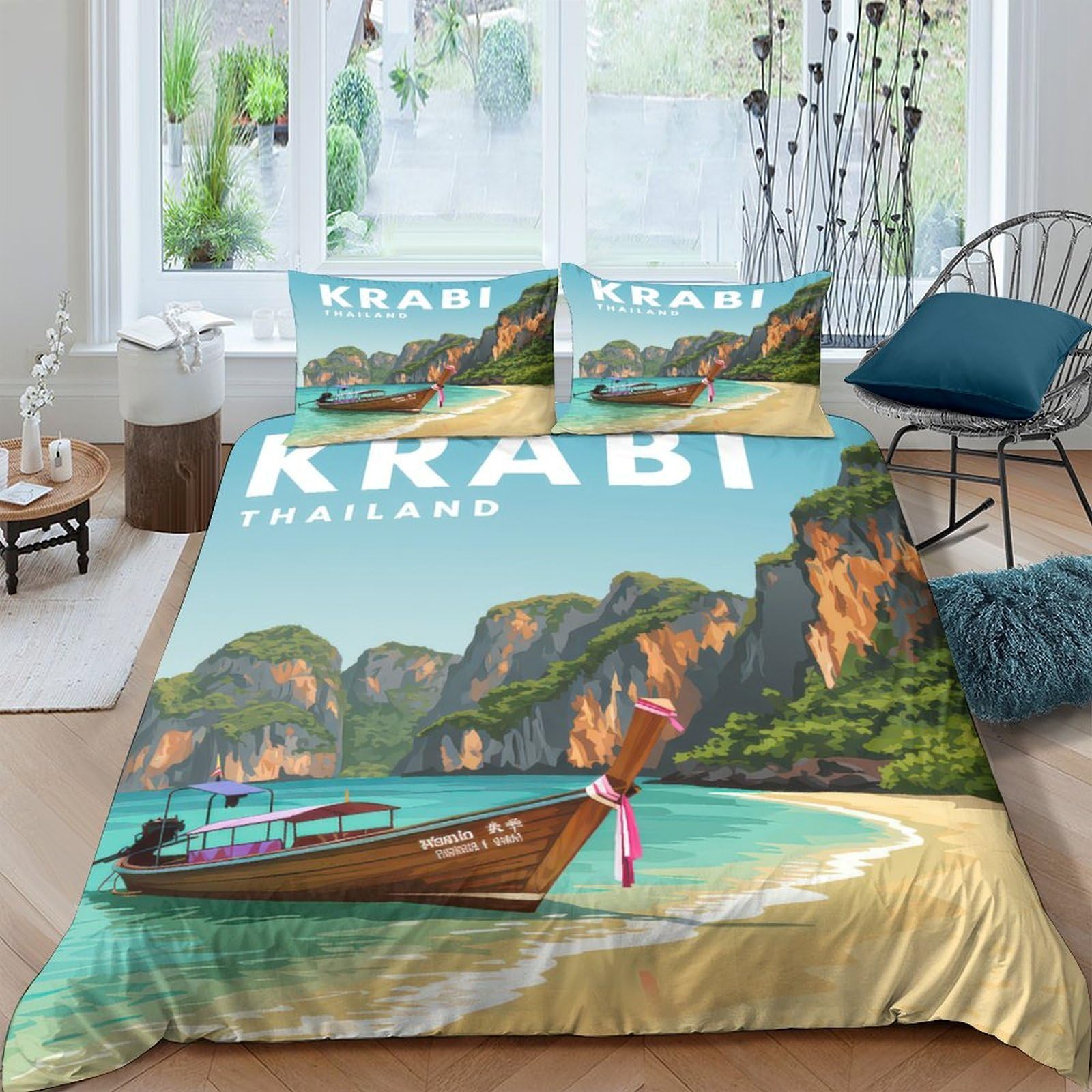 Ctjqhvkz Style-2 3D Printed Krabi Beach Landscape Fitted Sheet Microfiber Soft Scenic Thailand Longtail Boat Bed Cover For Bedroom Decor Single（135X200cm）