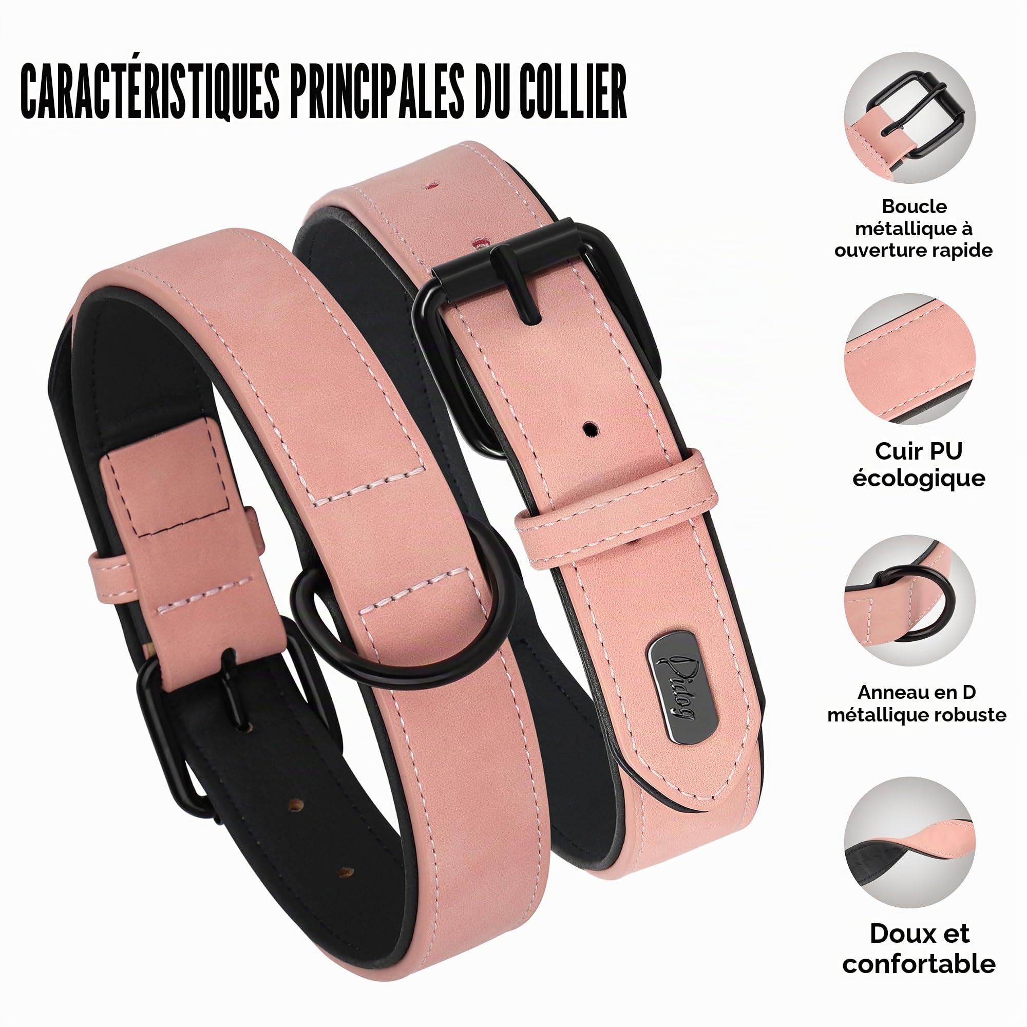 Didog Collier pour Chien en Cuir Rembourré Doux, Collier pour Chien en Cuir Respirant et Robuste avec Boucle Réglable en Métal Antirouille pour Petits Moyens Grands Chiens, Rose, L