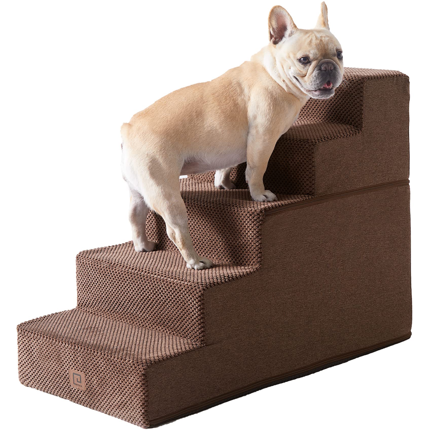 EHEYCIGA Dog Stairs for Small Dogs, 5-Step Dog Stairs for High Beds and Couch, Folding Pet Steps for Small Dogs and Cats, and High Bed Climbing, Non-Slip Balanced Dog Indoor Step, Brown, 3/4/5 Steps