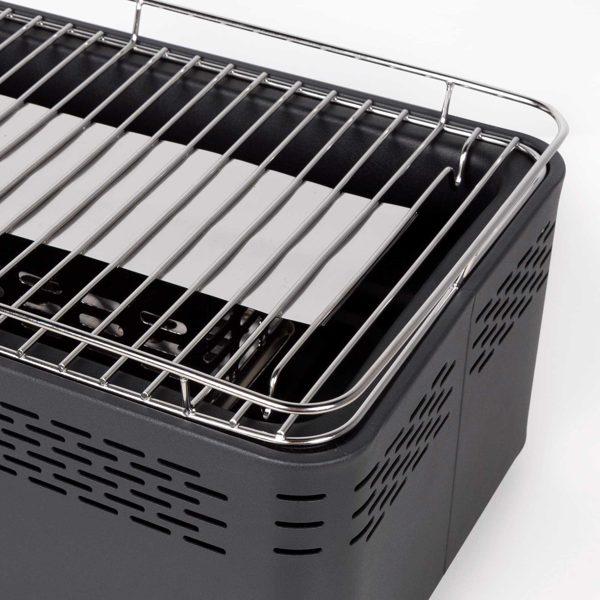 Aktive - Barbacoa Portátil a carbón recargable a pilas sin Humo Negra rectangular, Protección antigoteo, Medidas 45x28x19cm, Incluye bolsa de transporte, parrilla terraza, balcón (63004)
