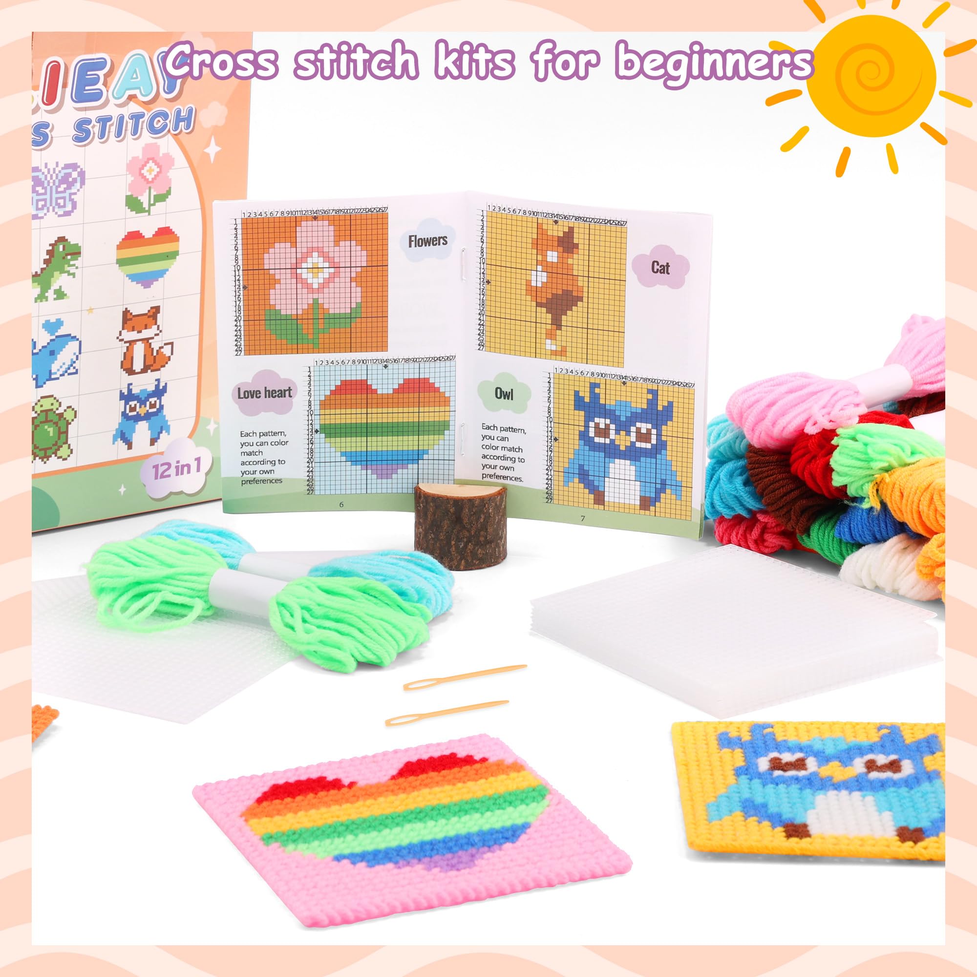 Pllieay Punto Croce Bambini 12-in-1 per Bambini, Kit di Ricamo Include 12 Pezzi di Tela in Plastica Vuota, 16 Fili, 6 Aghi da Ricamo, Kit Punto Croce per Principianti con Istruzion Set Punto Croce