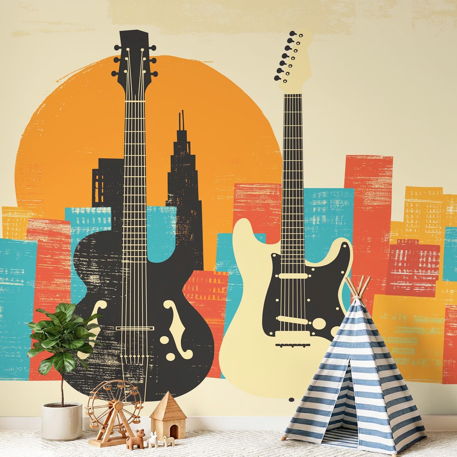 Tapeta geometryczna, vintage, ciepła - gitara, architektura, wzór miasta - tapeta na fizelinie dekoracja ścienna nowoczesna tapeta ścienna - tapeta z motywem - 300 x 210 cm