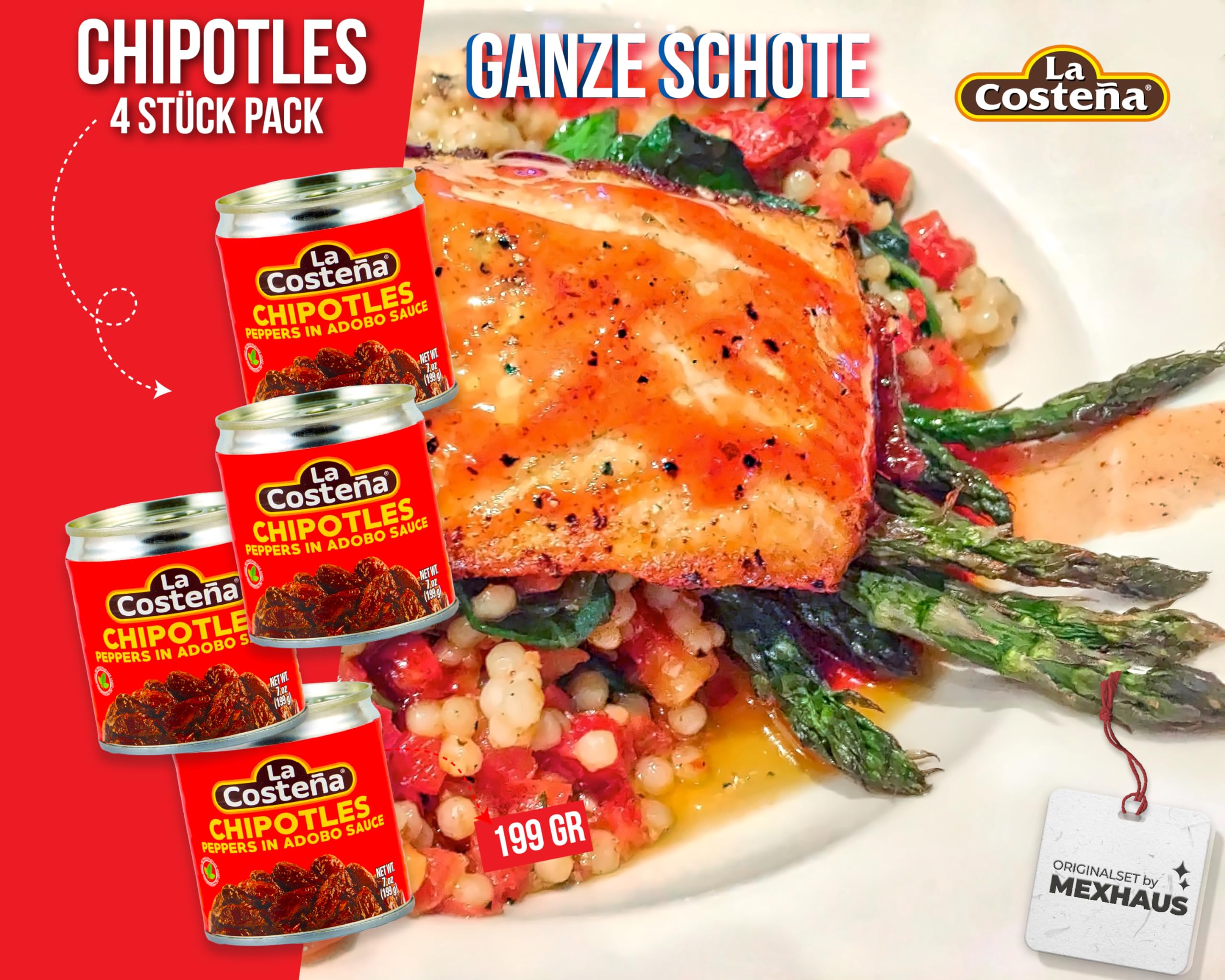 Piments chipotle en sauce adobo de La Costeña Lot de 4 (199 g chacun) Piments fumés et piquants dans une sauce tomate épicée Idéal pour les plats mexicains
