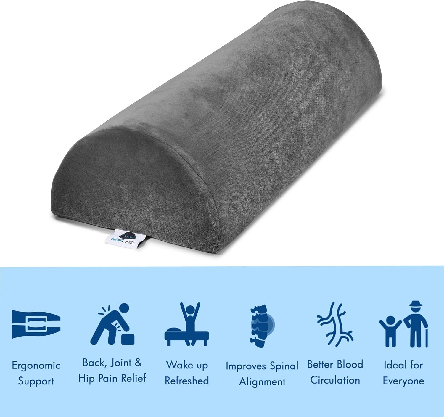 Large Half Moon Bolster Pillow for Legs, Knees, Lower Back and Head, Lumbar Support Pillow for Bed, Sleeping | Semi Roll for Ankle and Foot Comfort - Machine Washable Cover, Grey : Home & Kitchen