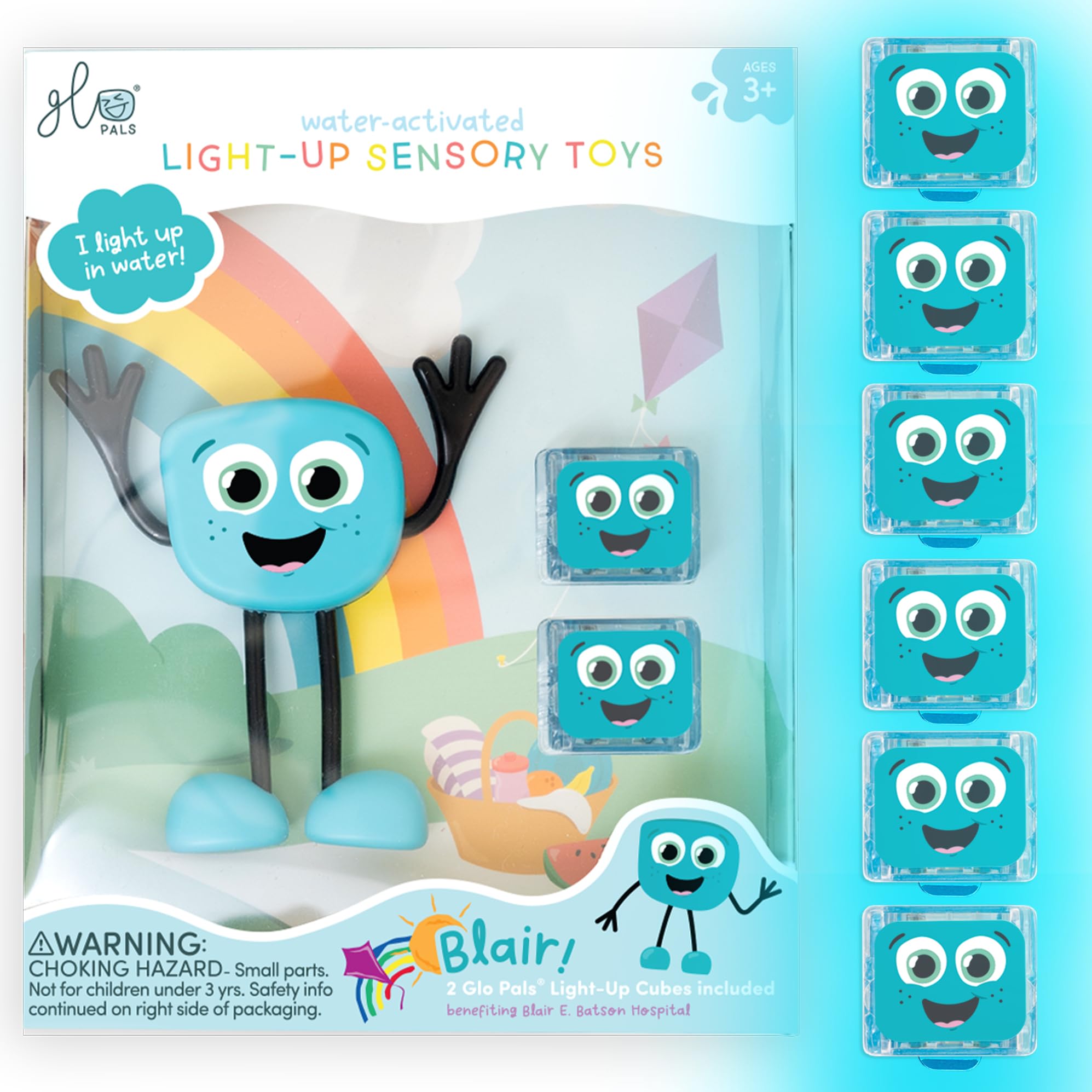 Glo Pals Water-Activated Bath Toy with 6 Reusable Light-Up Cubes for Sensory Play (Blair)