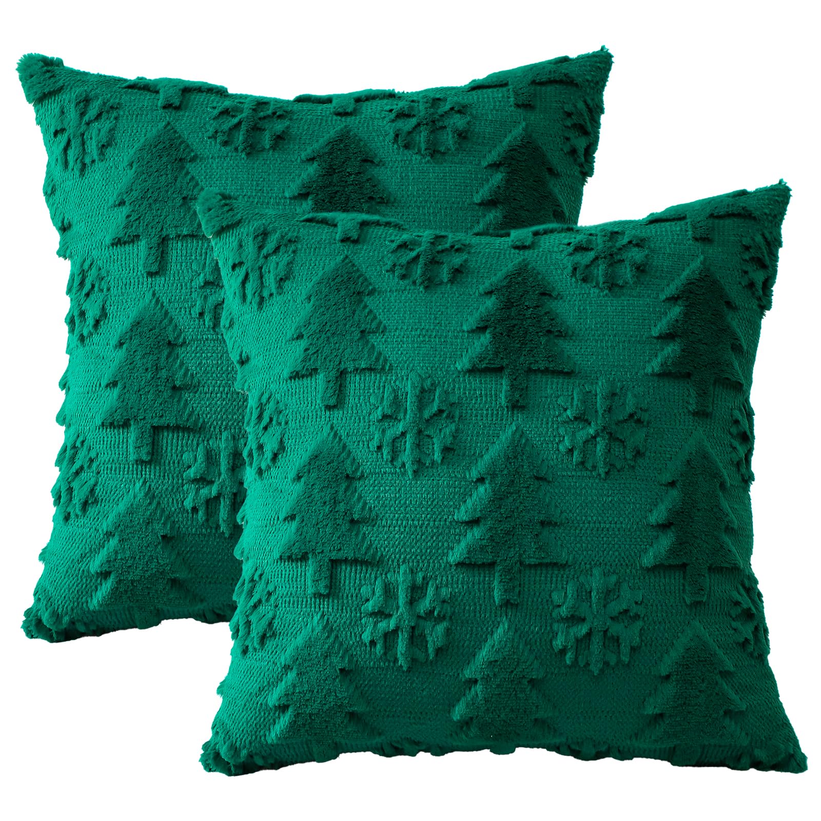 Artscope 2er Set Wolle Kissenbezüge Weicher Plüsch Kurzer Wollsamt Dekokissenbezuge Sofakissen Europäische Kissenhülle für Sofa Schlafzimmer Weihnachtsbaum und Schneeflocke Grün, 70x70cm
