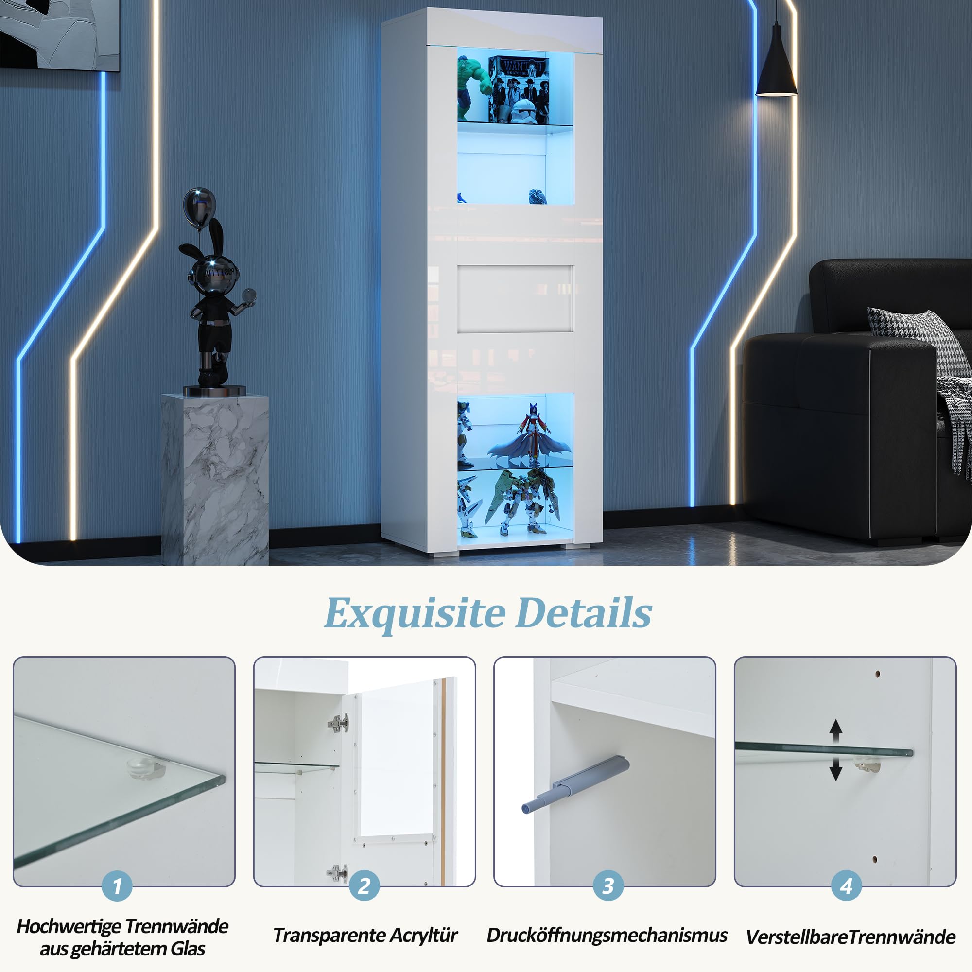 Armario, vitrina de puerta de armario de acrílico, armario de almacenamiento brillante con iluminación LED, 2 estantes de cristal, tablero alto, armario de salón, armario alto, armario de sofá, color