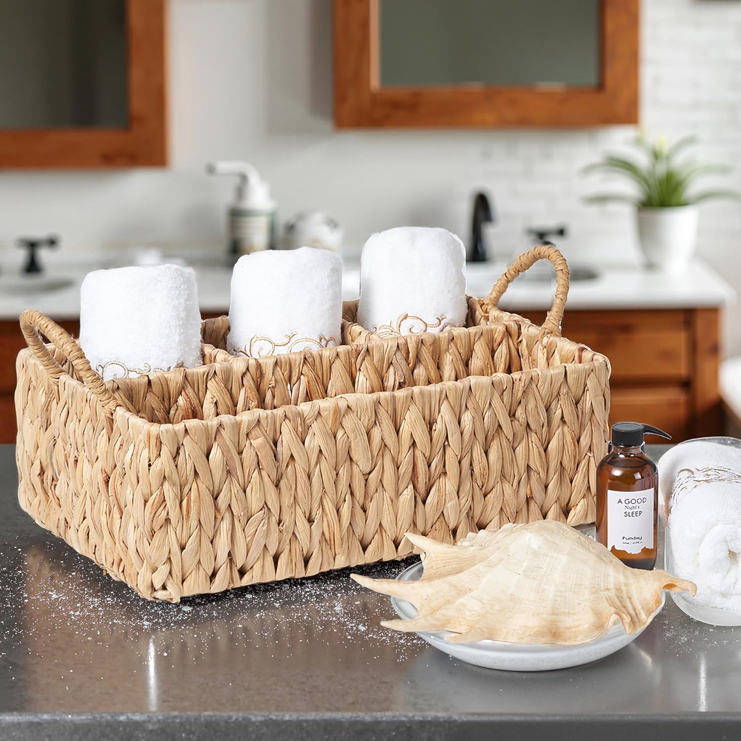 Wicker Basket Divided Storage with Handles - Natural Water Hyacinth Organizer for Diaper Essentials, Kitchen Utensils, Bathroom & Nursery Organization, 4 Compartments