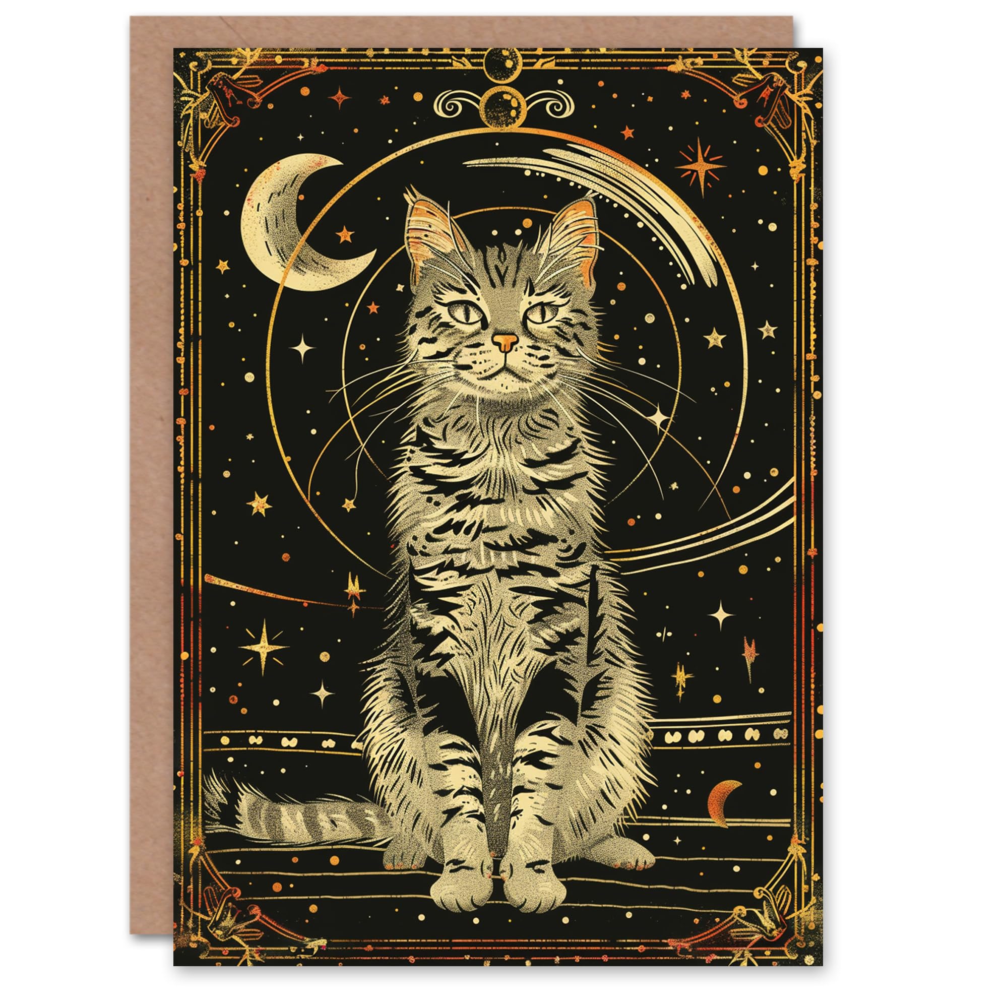 Artery8 Greeting Card - Cosmic Feline Tarot Style - Black