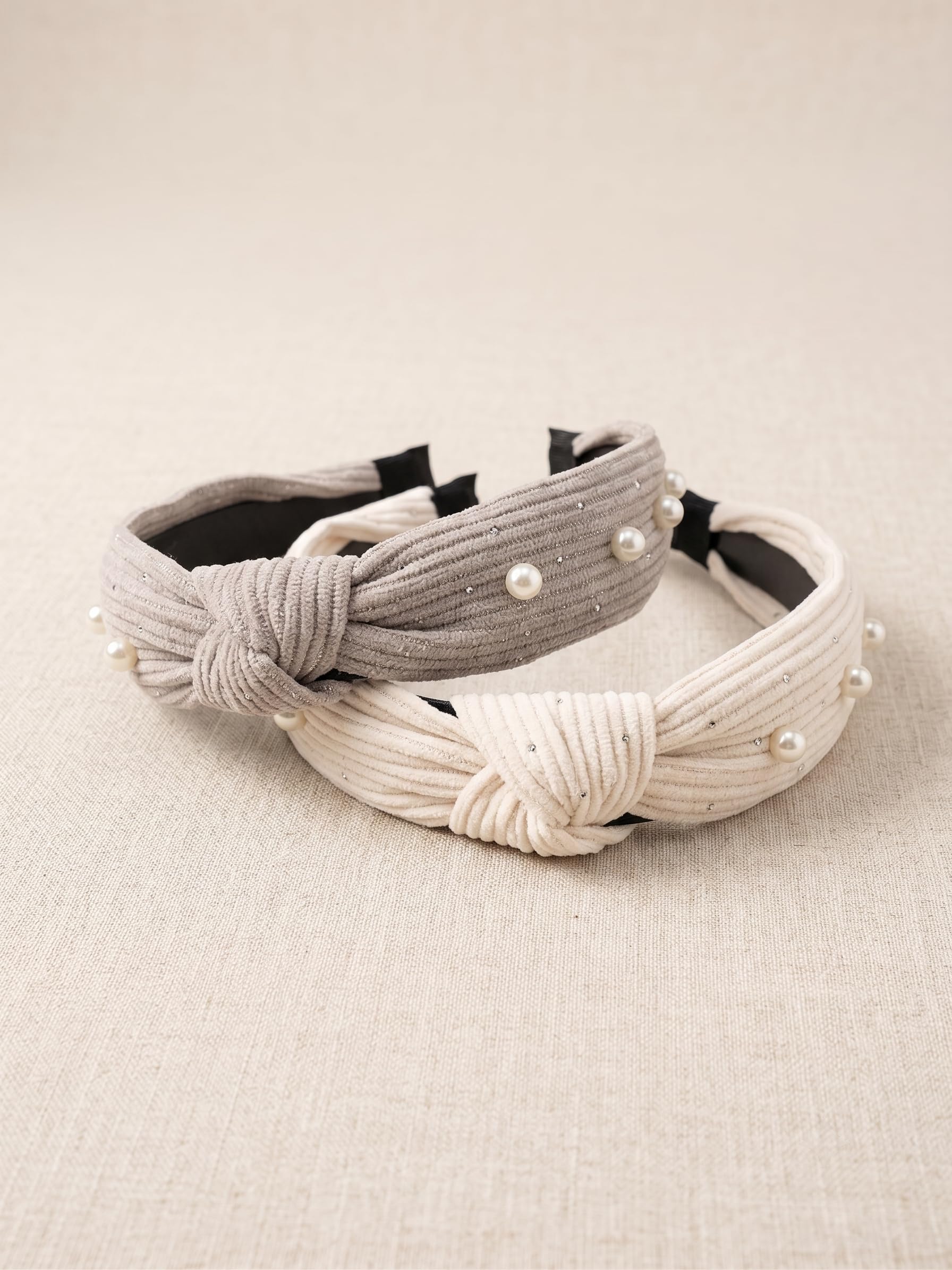 Pack of 2 Premium Corduroy Knotted Headbands for Women & Girls Wide Ribbed Fabric Hairbands with Pearl & Rhinestone Accents Soft Non-Slip Fashion Head Hoop-image-47