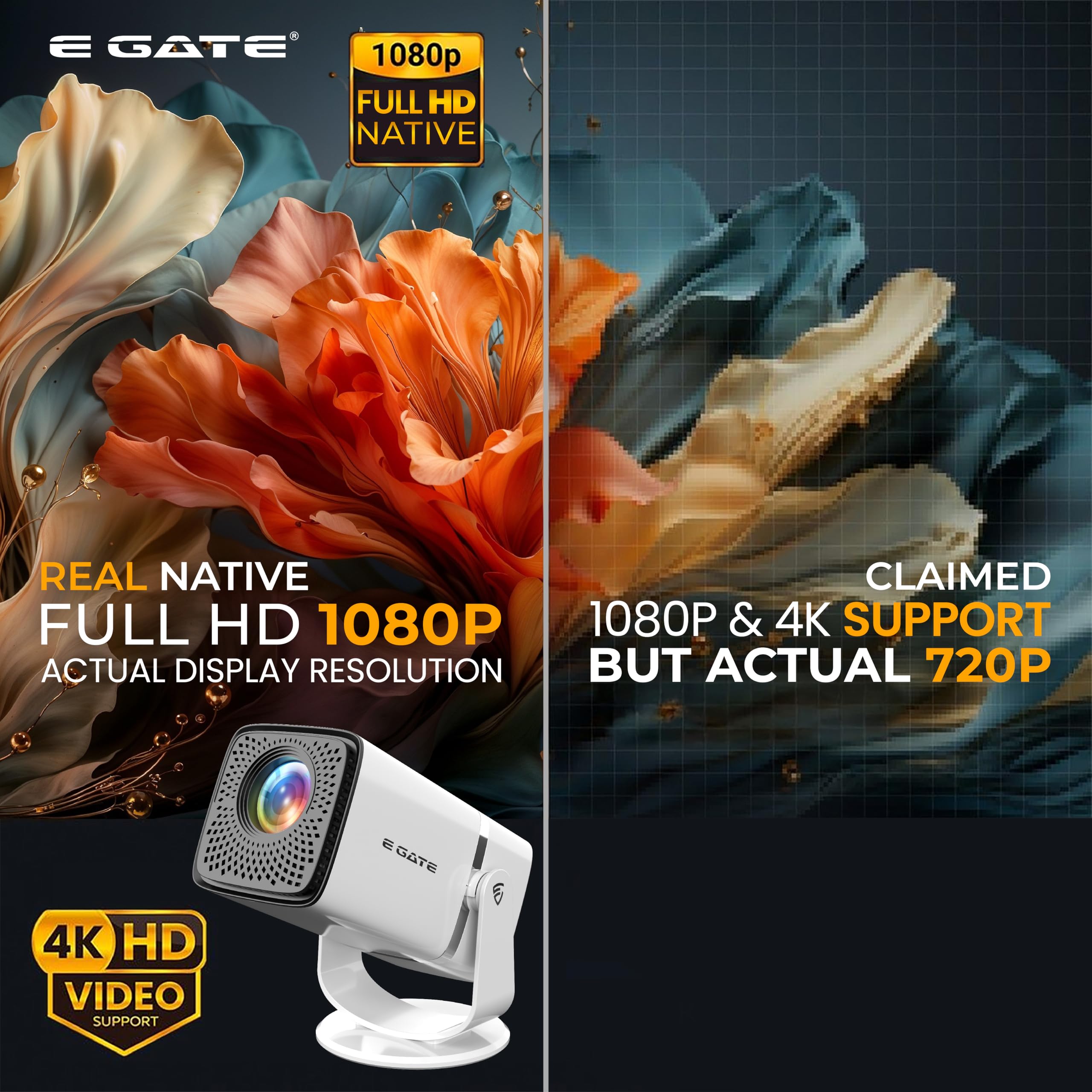 E GATE Atom 3X | Real Full HD 1080p Native, 13.0 Automatic Android Projector | 300 ISO | Rotatable Design | 4K HDR Support | Inbuilt Netflix, Prime | ARC-HDMI, USB, Wifi-6, BT, Screen Mirroring, Egate - Image 3 thumbnail