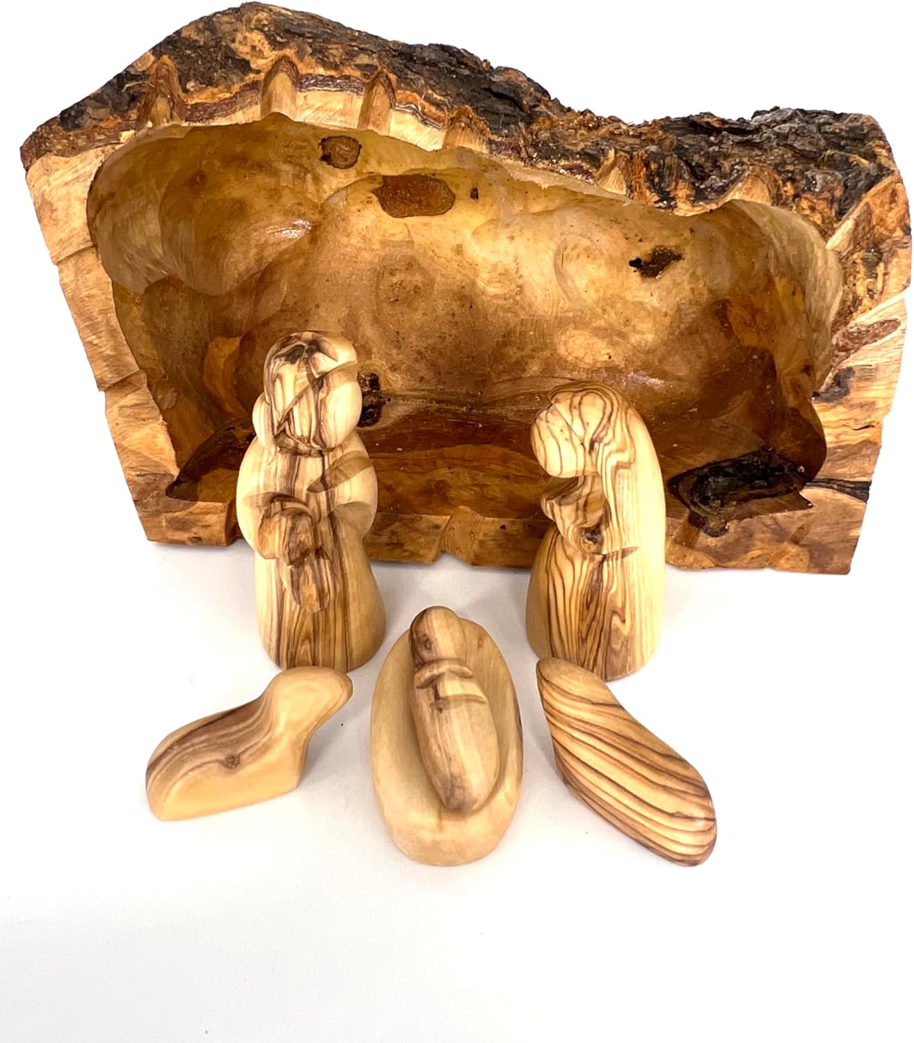 Holy Land Olive Wood Nativity Set Carved Inside an Olive Tree Branch, Christmas Nativity Set, Nativity Scene Set Indoor, Wooden Manger Scene, Choose Your Cave Include 6 Piece Holy Family Set