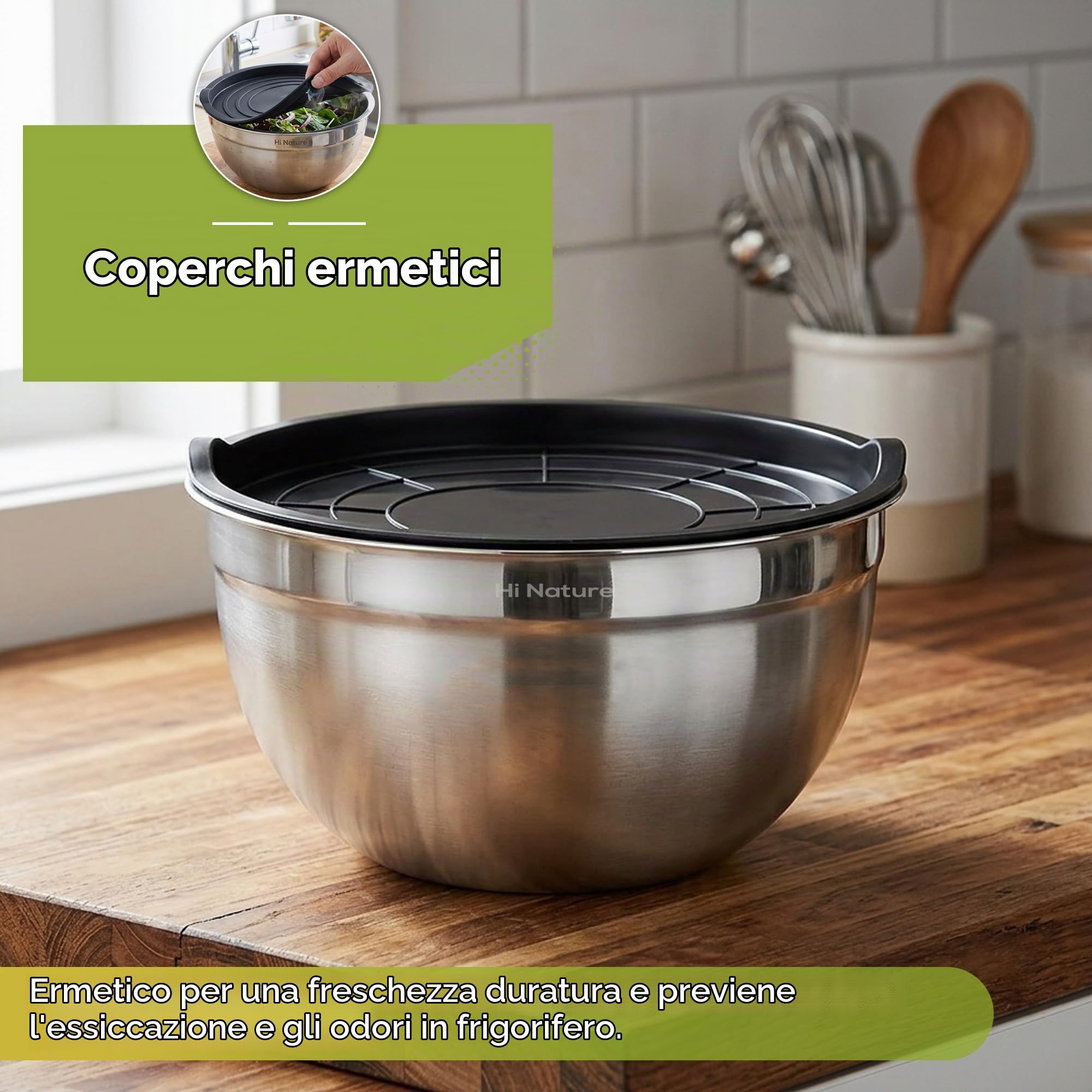 Hi Nature™ Set di ciotole con coperchio in acciaio inox, set di 6 ciotole per mescolare con coperchio, antiscivolo e impilabili, lavabili in lavastoviglie, ciotole da 1,4 l, 1,9 l, 2,4 l, 3,2 l, 5 l