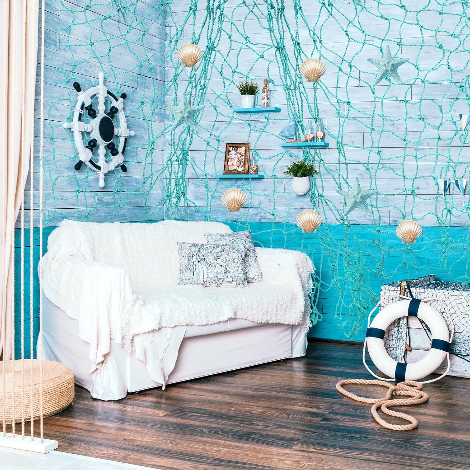 8 Pack Natural Fish Netting Decorative 80 x 40 Inch Fish Net Decorations for Pirate Party Ocean Beach Wall Hanging Decoration Nautical Sea Party Decorations Photo Picture(Novel Color)
