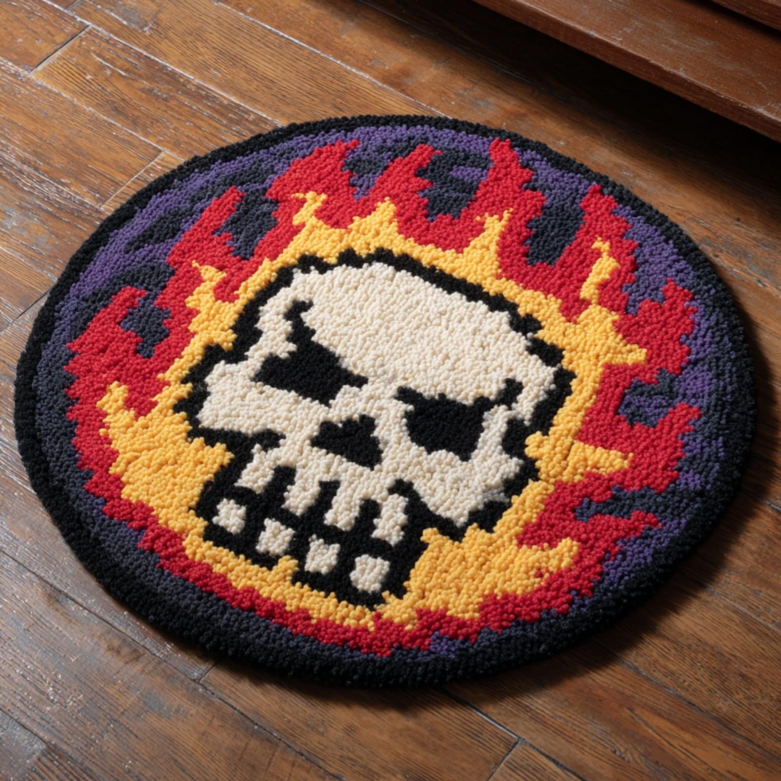 WallustrioaW DIY Latch Hook Rug Kits with Printed Canvas,Flaming Skull,Floor Mat Crochet,Carpet Tapestry for Adult Craft Kits for Women,Relaxing Home Art Project,50x50cm
