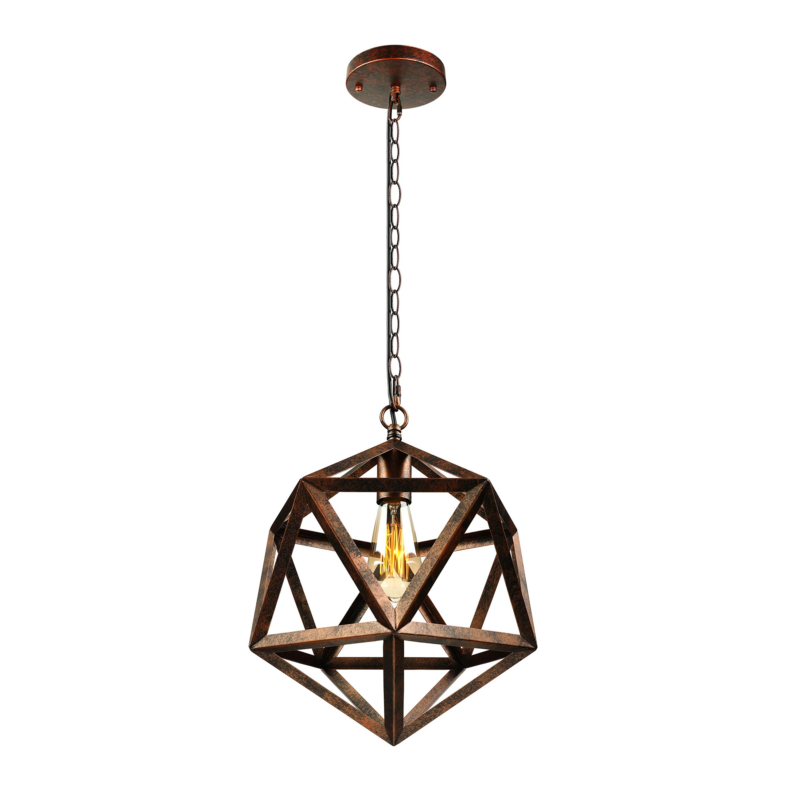 KWOKING Lighting Industrial Metal Geometric Pendant Light Creative 1 Light Adjustable Chain Vintage Ceiling Pendant Lighting Chandelier Hanging Lamp for Restaurant Entry Bedroom Rust Finish