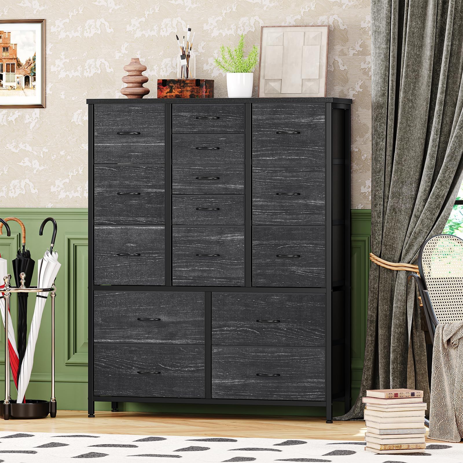Garvee 15 Schubladen Kommode, Großer Stoffschrank mit Metallrahmen & Holzplatte, Schubladenschrank Organizer für Schlafzimmer, Wohnzimmer, Kinderzimmer & Flur, 100 x 30 x 123 cm, Deco Grau