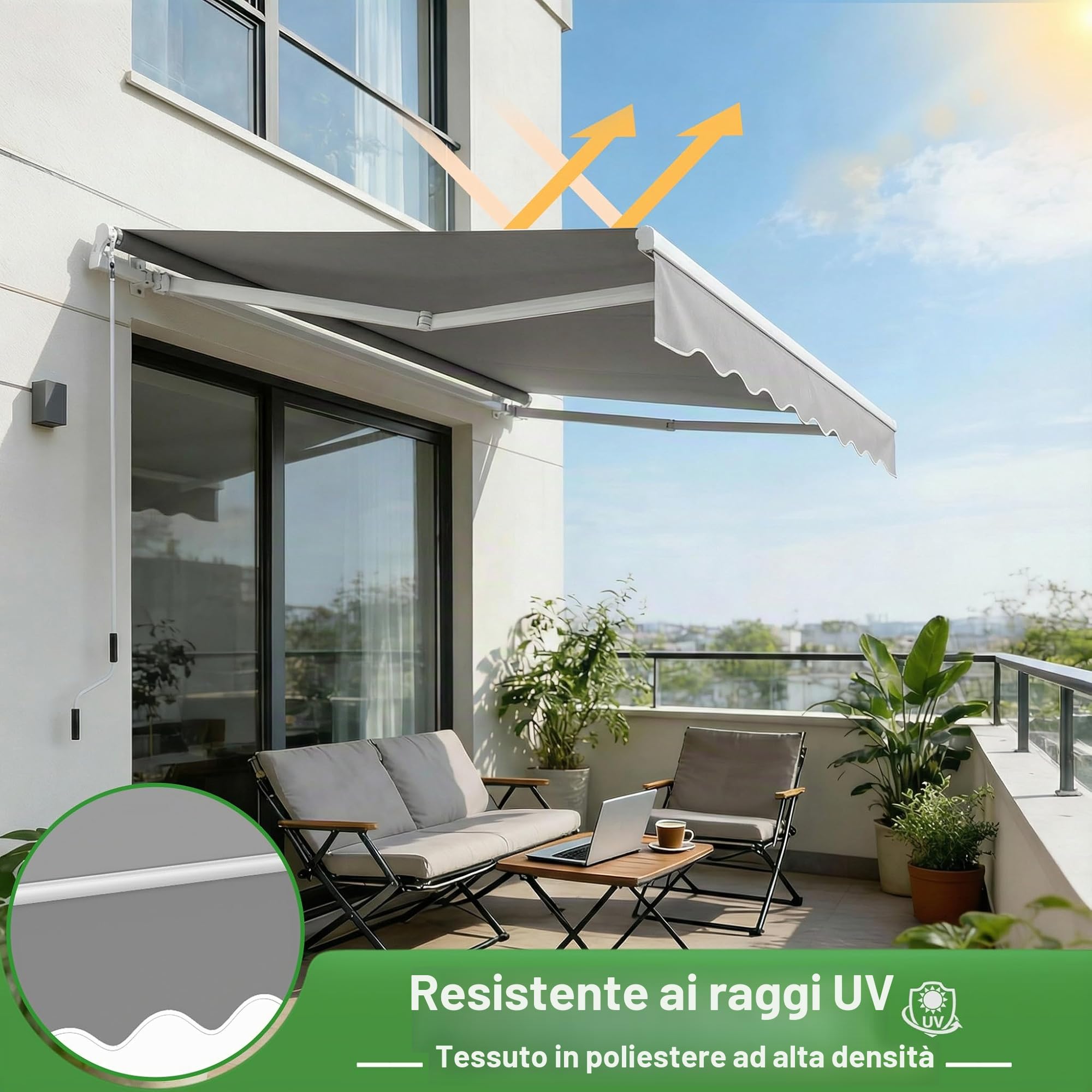 ACXIN Tenda da sole in alluminio, 3,6 m x 3 m, per balcone, protezione UV, facile da usare a manovella, per terrazze, colore: grigio chiaro