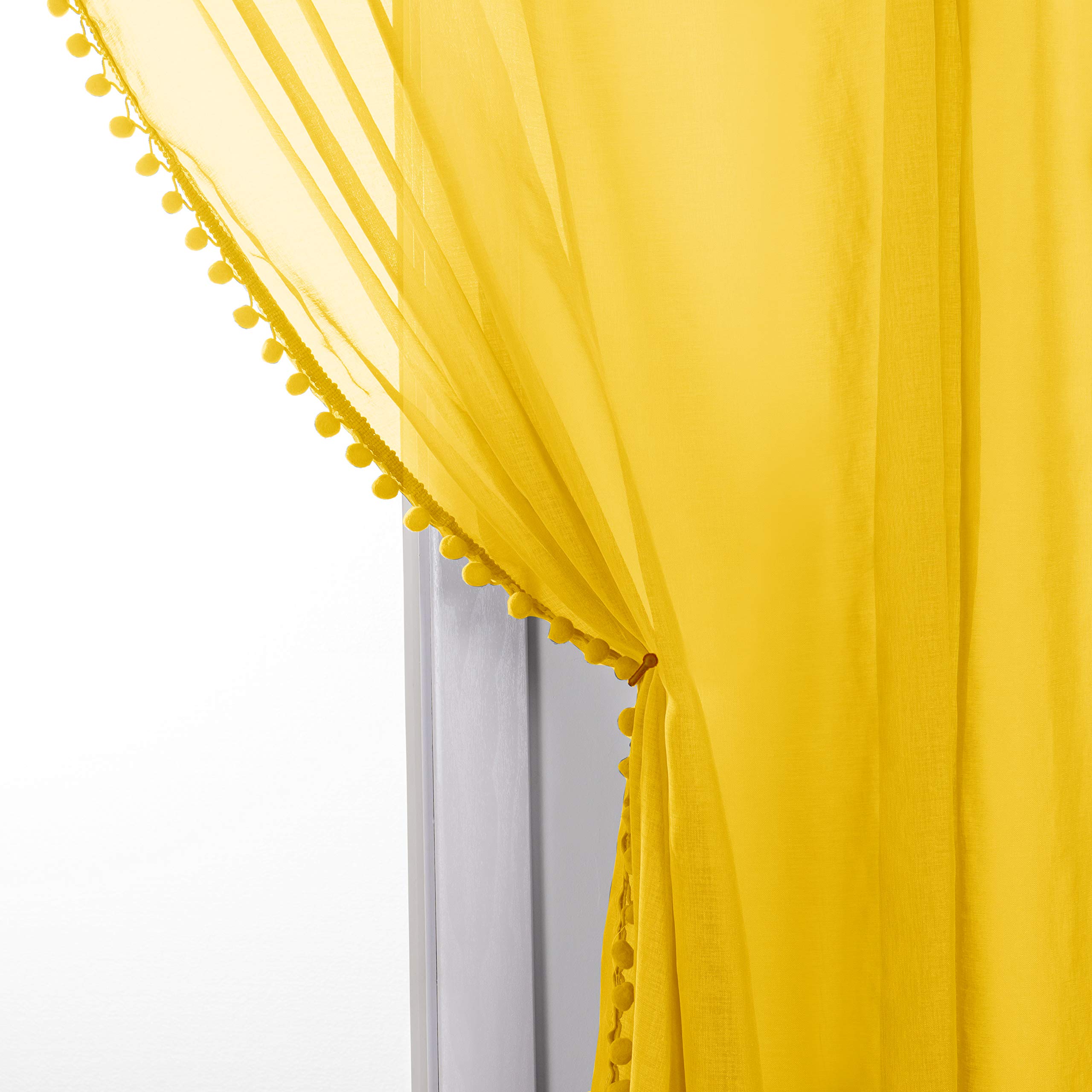 Elegant Comfort Tende semi-trasparenti con nappe con pon, set di 2 pannelli, con tasca per asta da 5,1 cm, per soggiorno, camera da letto, 60 x 84, giallo fluo