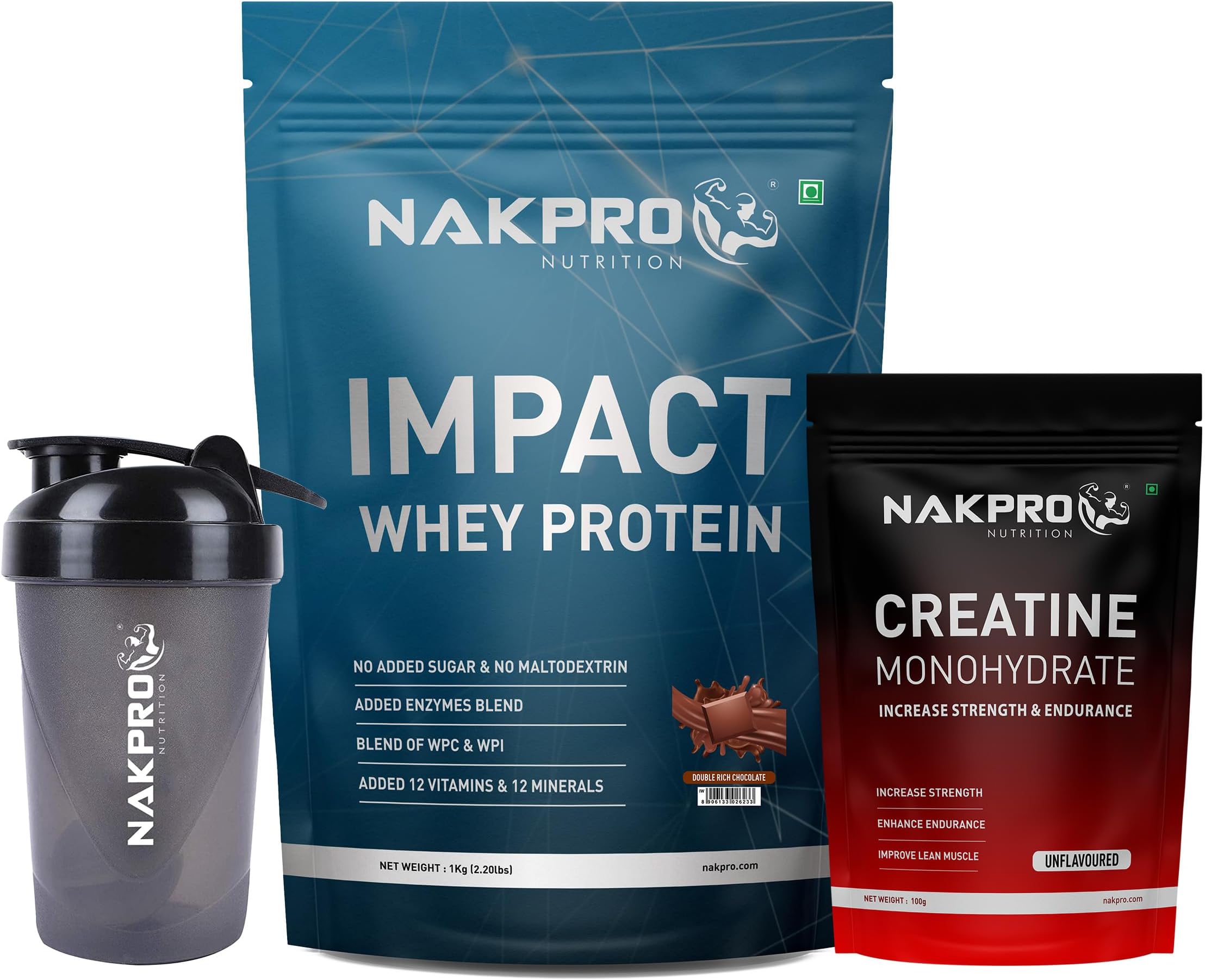 NUTRITION Impact Whey Protein Supplement Powder Combo (1 kg with 100g Creatine & Shaker, Double Rich Chocolate)