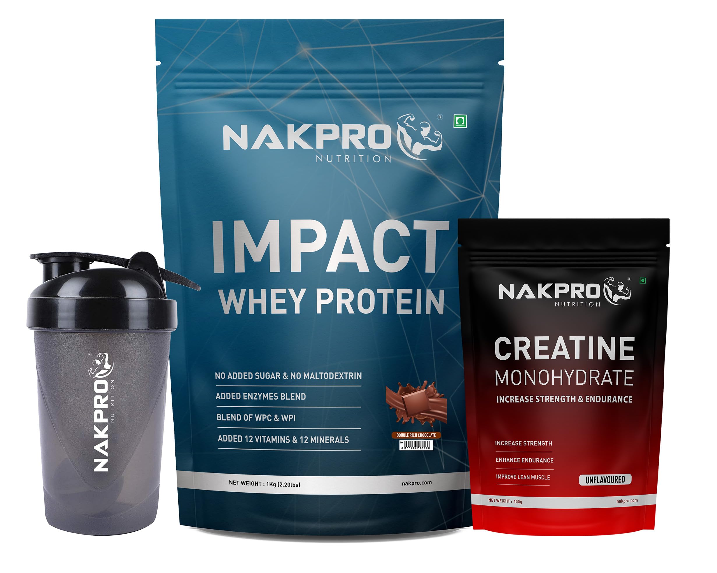 NAKPRO Impact Whey Protein Supplement Powder Combo (1 kg with Creatine & Shaker, Double Rich Chocolate)