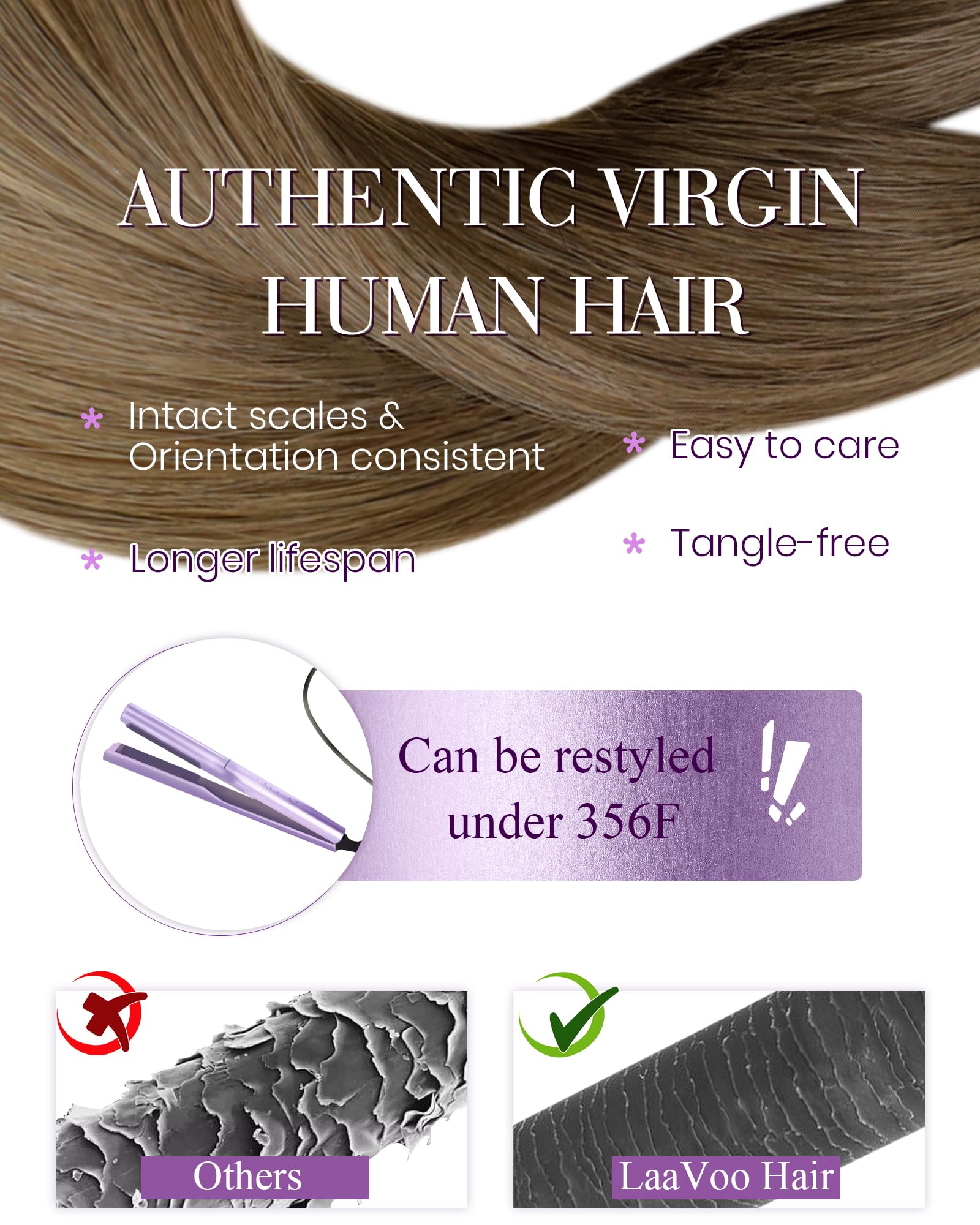 LaaVoo Brown Hair Extensions U Tip Real Human Hair, Remy Straight Balayage Brown Shadows Real Hair Extensions - Image 4