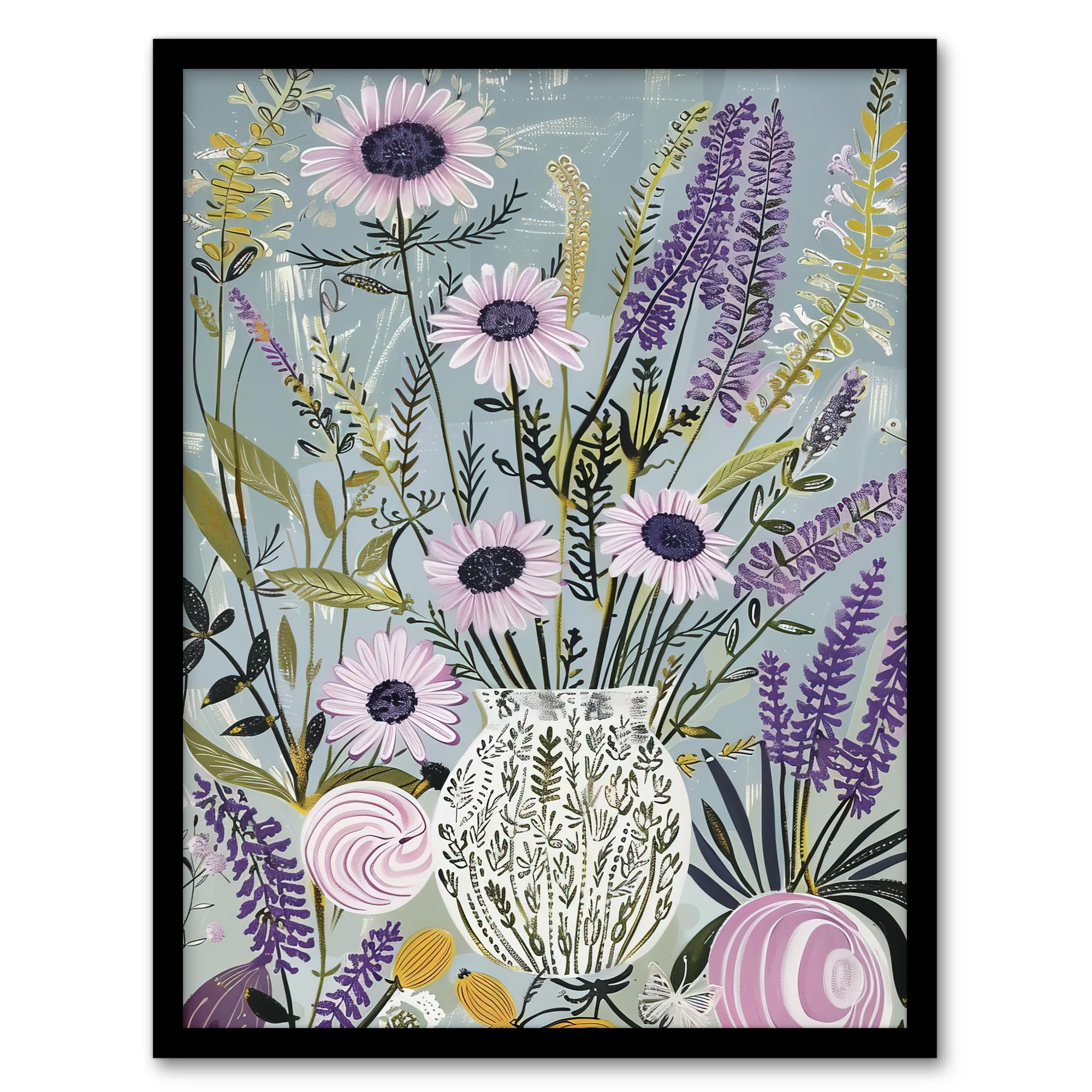 Artery8 Lavender Wildflowers Bouquet in Vase Fun Rustic Living Room Artwork Framed Wall Art Print A4