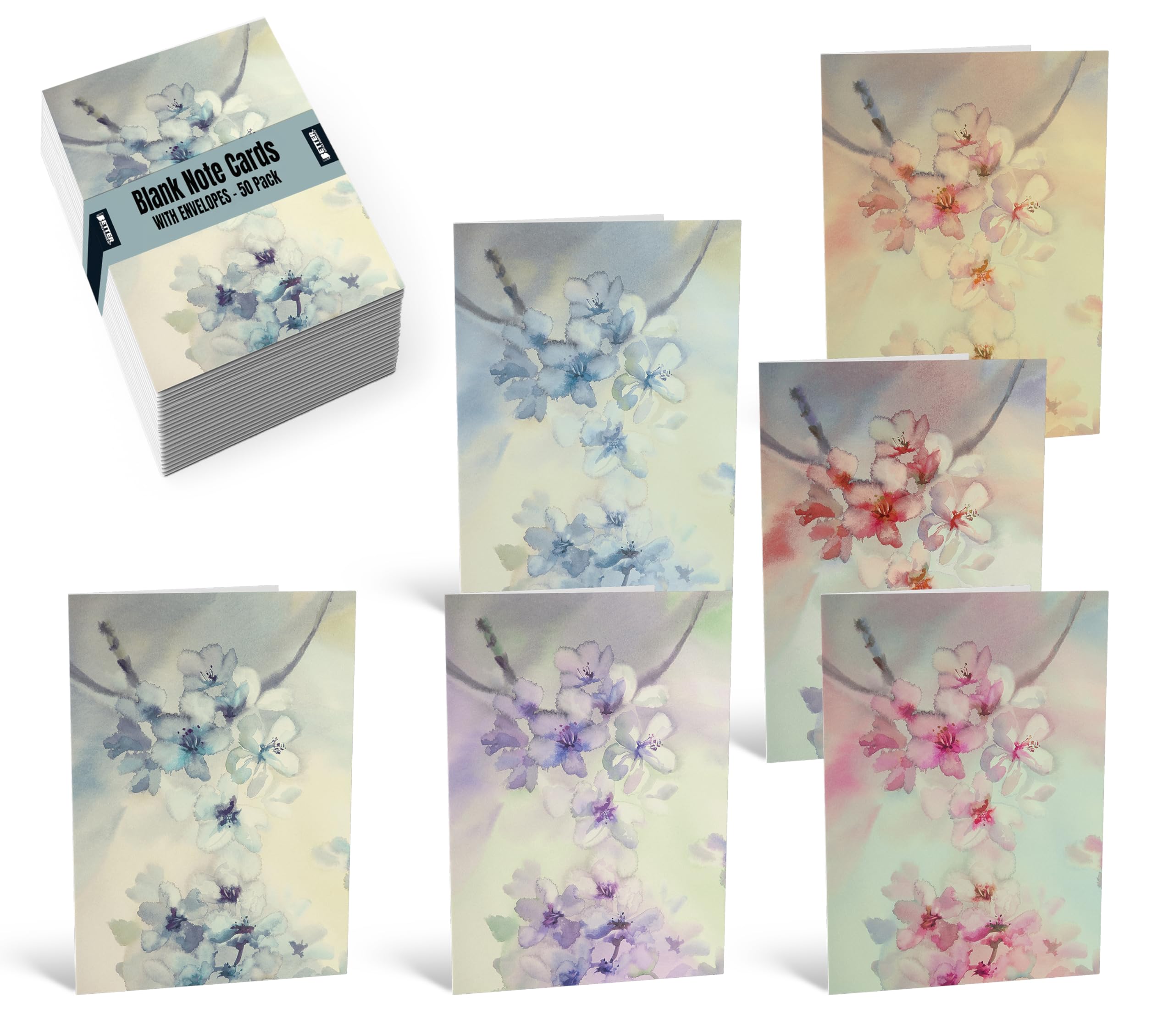 Better Office Products 50-Pack All Occasion Greeting Cards Box Set, 4 x 6 inch, 50 Assorted Blank Note Cards & 50 Envelopes, 6 Floral Watercolor Designs, Blank Inside, 50 Pack