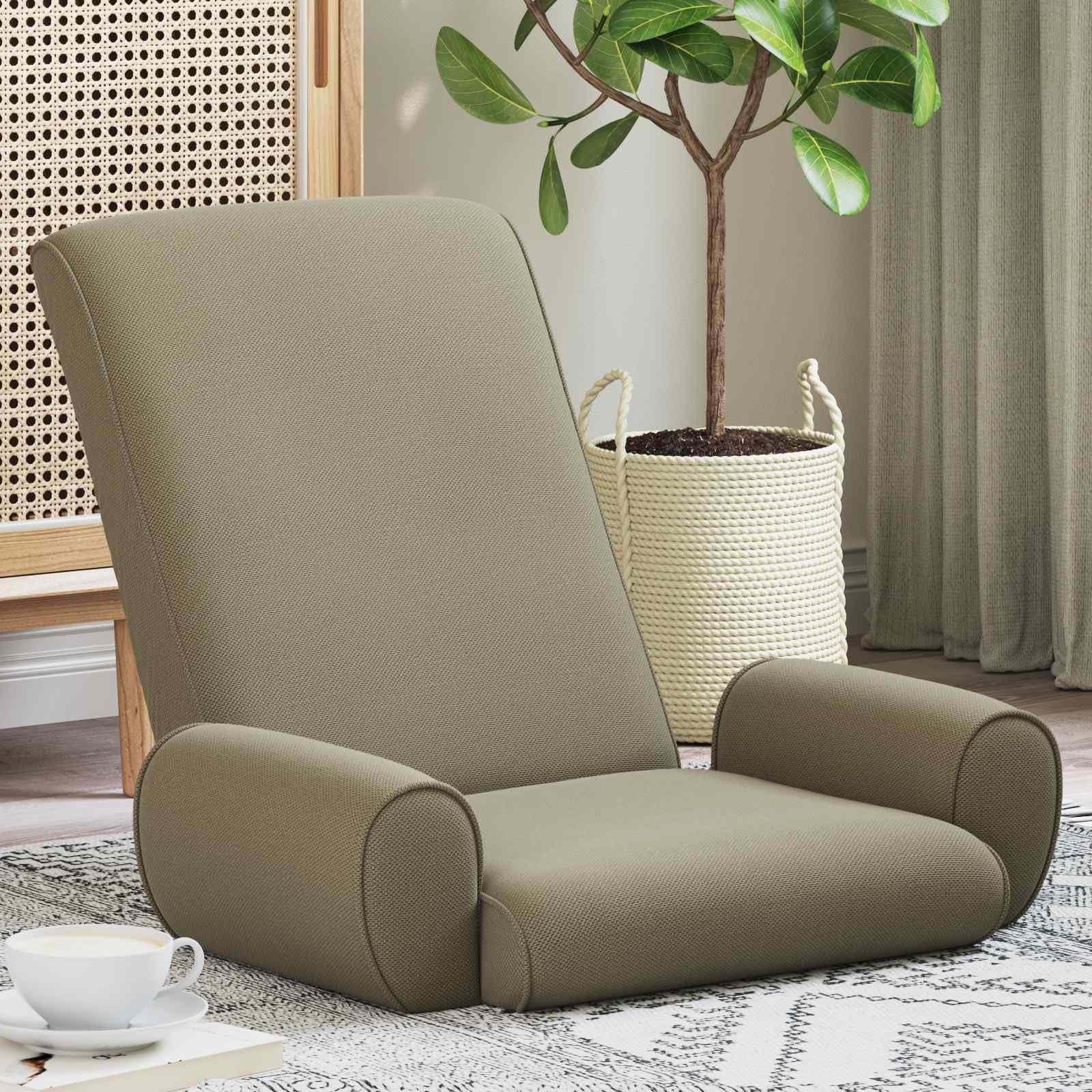 Regulowane krzesło podłogowe khaki gruby welur z wyściełanym siedziskiem, oparciem pod wieloma kątami, ergonomicznie składane, do salonu, sypialni, medytacji, jogi, czytania i gier