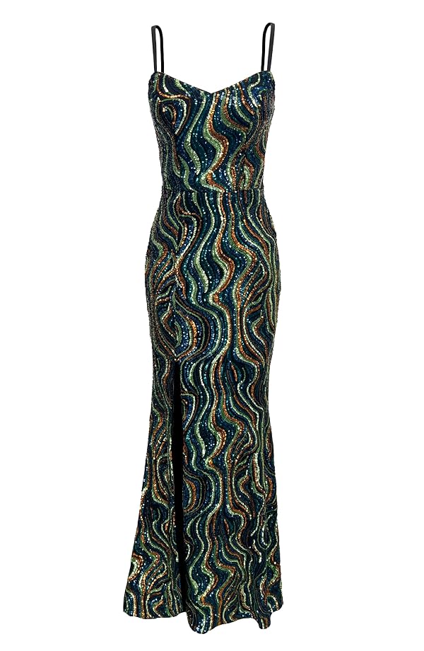 Dress the Population Women's Tori Multicolor Abstract Waves Sequin, Maxi, Mermaid, Sweetheart Neck Dress, Teal Multi, Small by Dress the Population - Used condition - Image 3