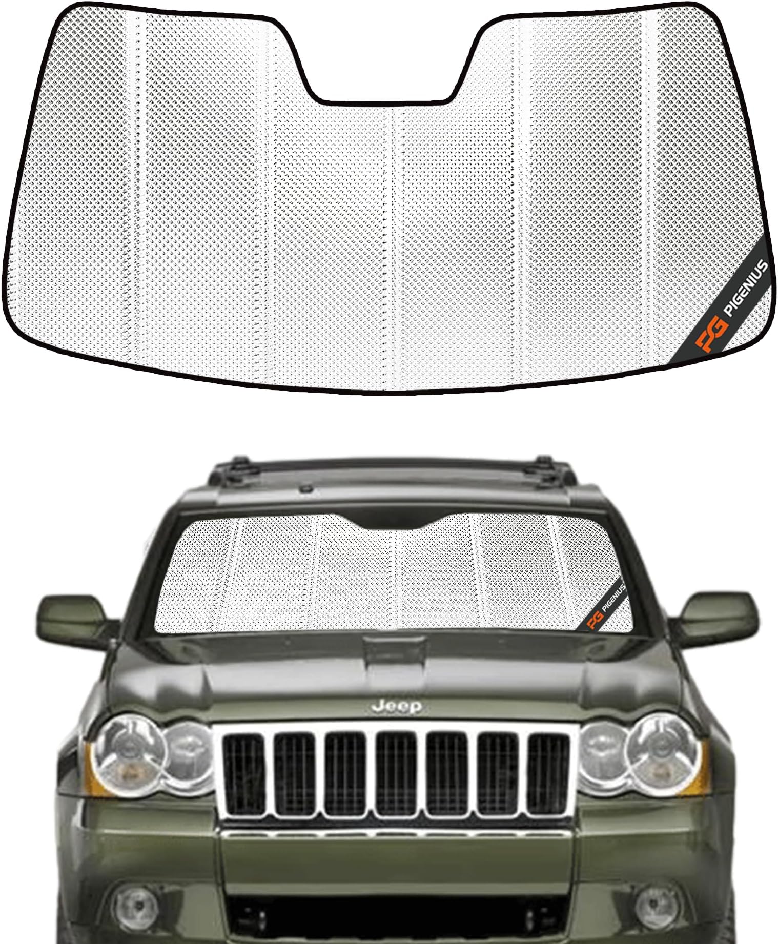 Pigenius Windshield Sun Shade for Jeep Grand Cherokee 2008-2010. Reflective Aluminum Film Front Window Sunshade - BLAZBLOCK