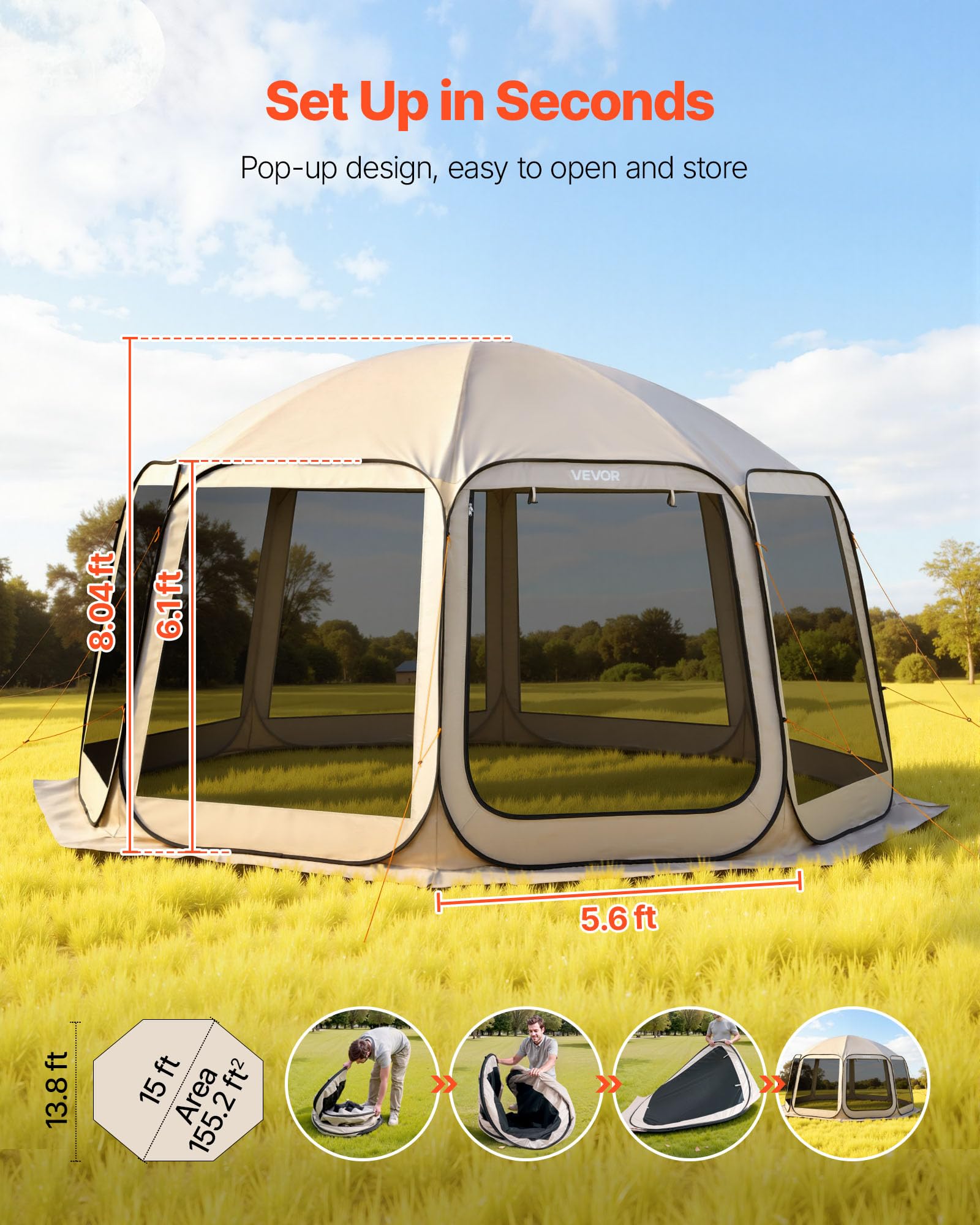 VEVOR Tienda de campaña con mosquitera, 10 x 9 pies, tienda de campaña desplegable para 4-8 personas, toldo con bolsa de transporte, lados de red, estacas para el suelo, para jardín, patio