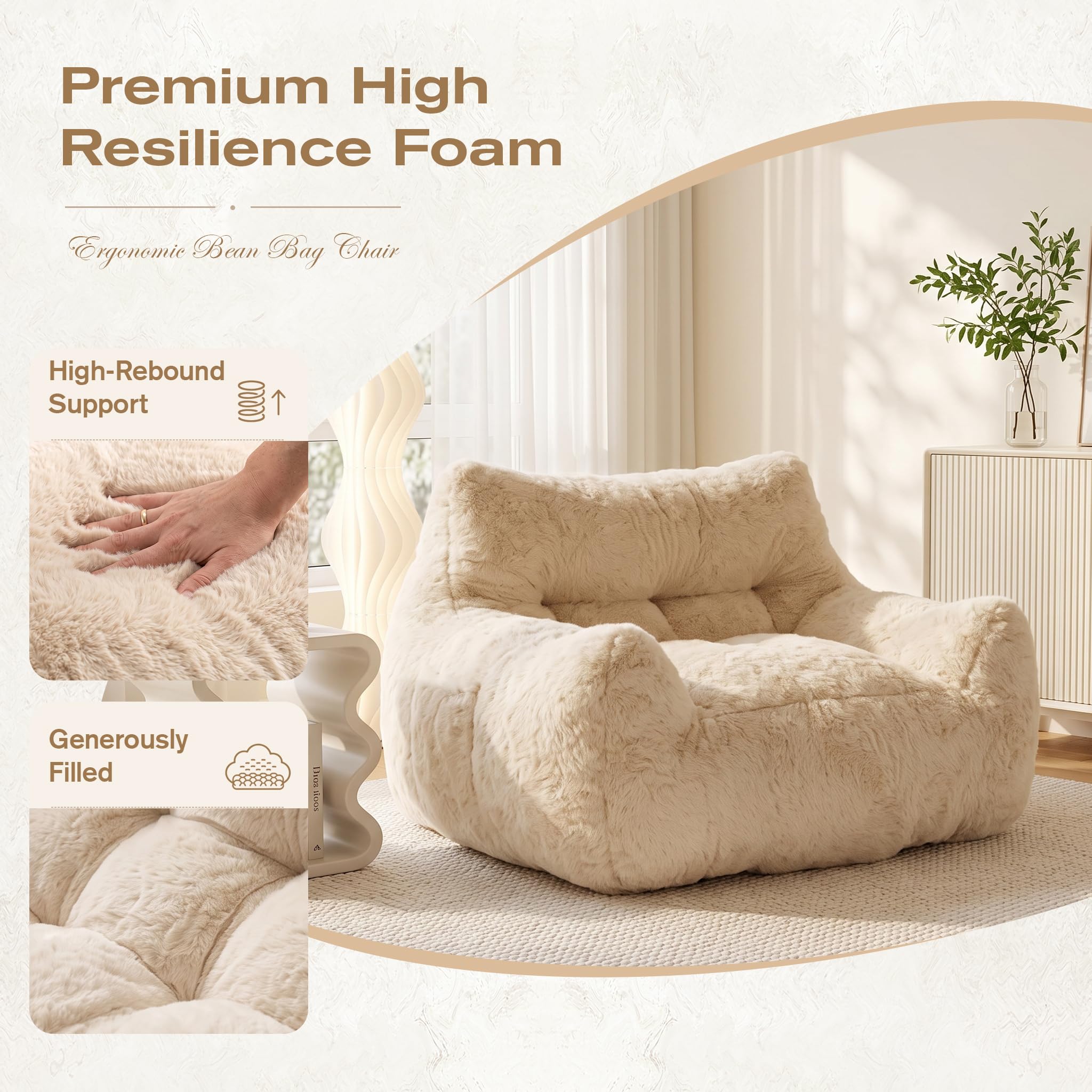 NALONE Sitzsack, Sitzsack Erwachsene mit Füllung, Bean Bag Chair mit Tragbarem Griff, Modernes Ergonomisches Bean Bag，weiß：Einzel