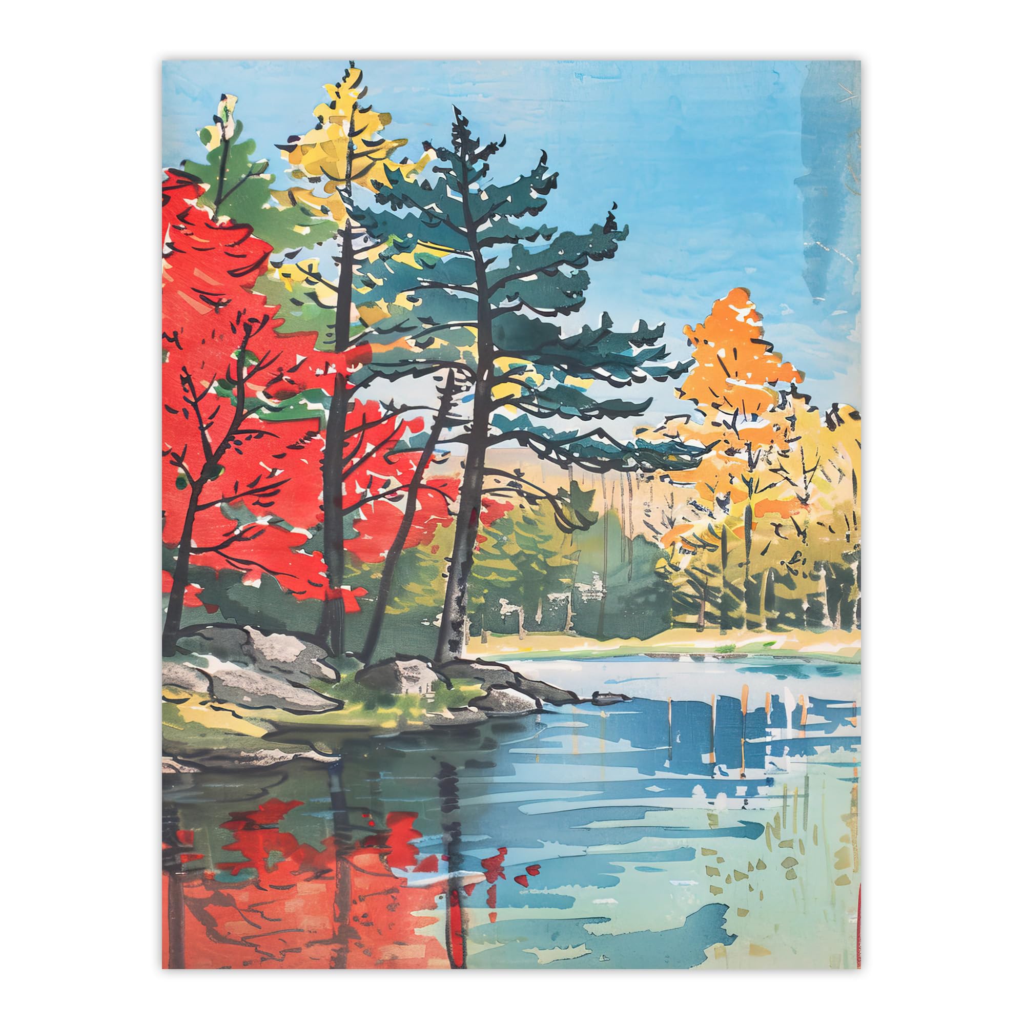Artery8 Lake Forest Colourful Trees Japanese Woodblock Living Room Extra Large XL Wall Art Poster Print