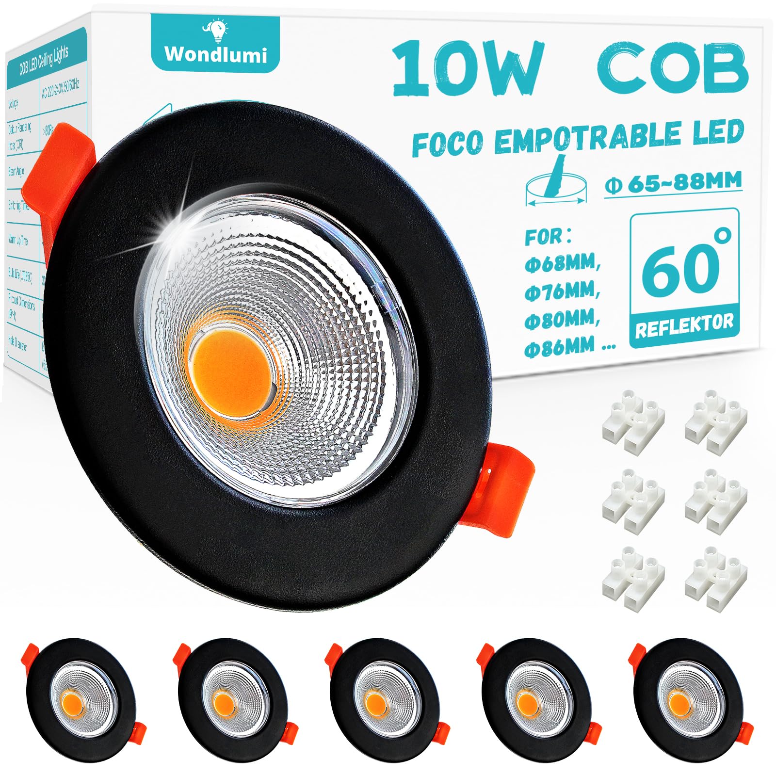 Conjunto de 6 Focos Empotrables LED 10W, Luces LED Redondas Negras Mate, Luces Empotradas Blancas Cálidas 2700K, para Dormitorio, Sala de Estar, Luces Empotradas 850LM Ø65-88mm.