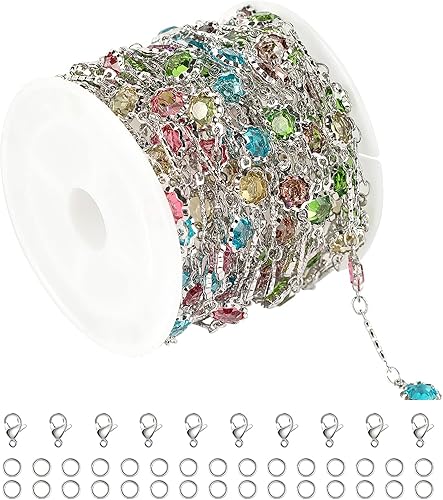 Cadenas de 16.4 pies de diamantes de imitación multicolor a granel, cadena de latón chapado en plata para hacer joyas con anillos abiertos y cierres