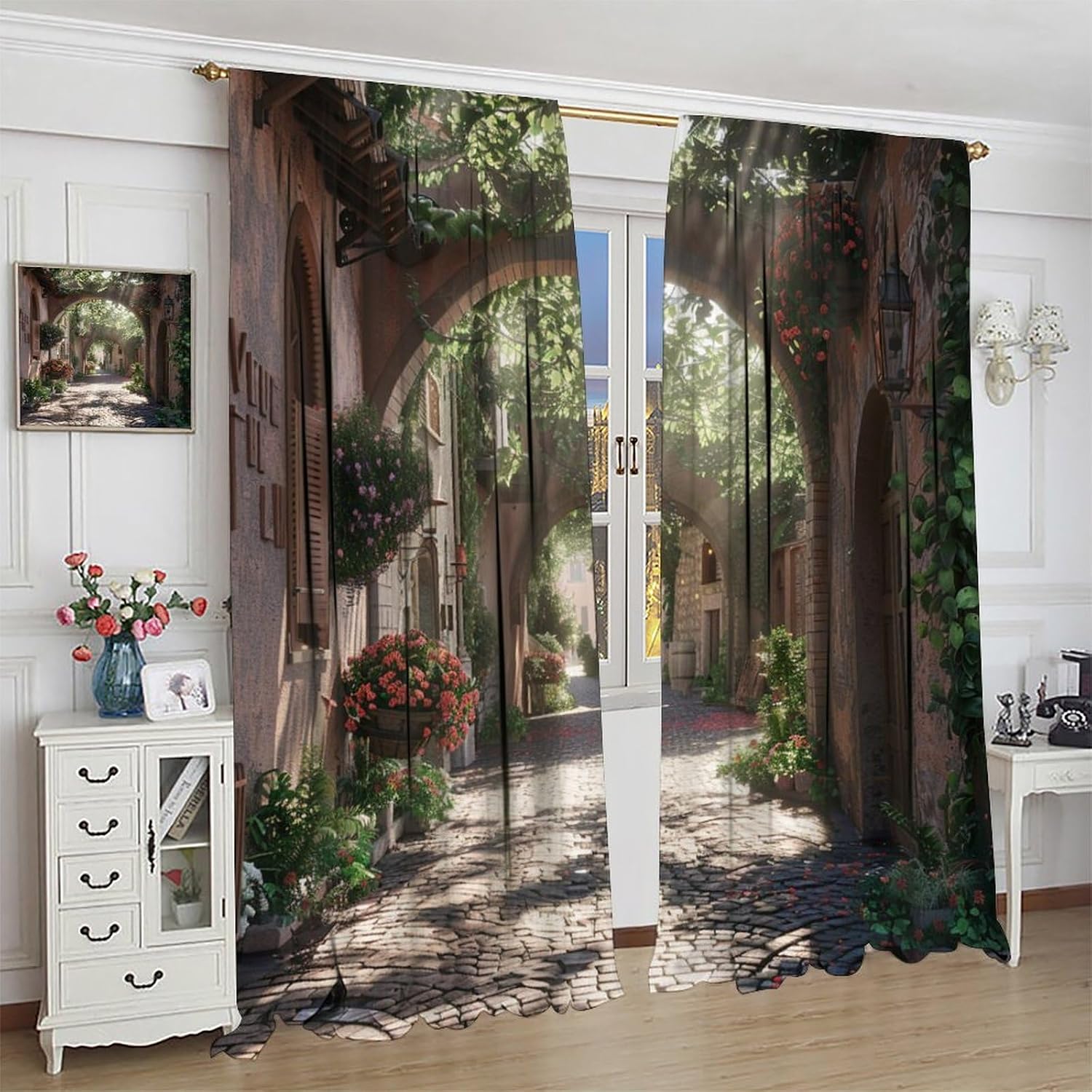 Mediterranean Village Blackout Curtains for Bedroom Living Room, Rod Pocket Floral Leaf Path Arch Curtains Thermal Insulated Window Drapes 2 Panels, Each 42W x 84L