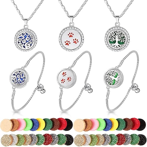 MTLEE Juego de 46 piezas de collar y pulsera difusor de aceites esenciales para mujer, pulsera ajustable de aromaterapia, almohadillas de repuesto,