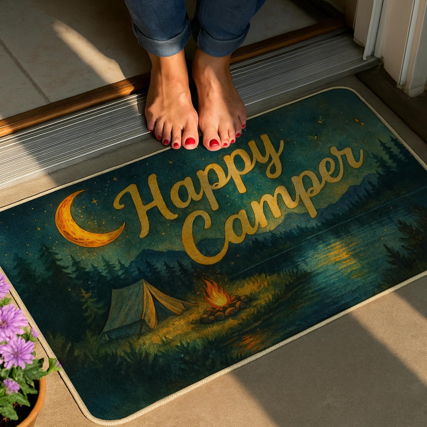Camping Door Mat, Moon Starry Night Forest Campsite Camper Doormat Indoor Outdoor Entrance Porch, Camping Lovers Gifts Welcome Mats for Camper Front Door Entryway, 17x30 Inches