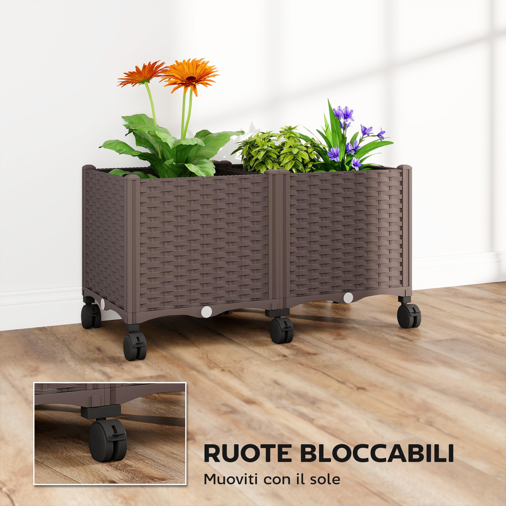 Outsunny Fioriera Rialzata in Plastica 85L, Letto per Orto Rialzato da Esterno con Ruote Bloccabili, Sistema di Autoirrigazione, Fori di Drenaggio, per Piante Rampicanti, Verdure e Fiori, Marrone