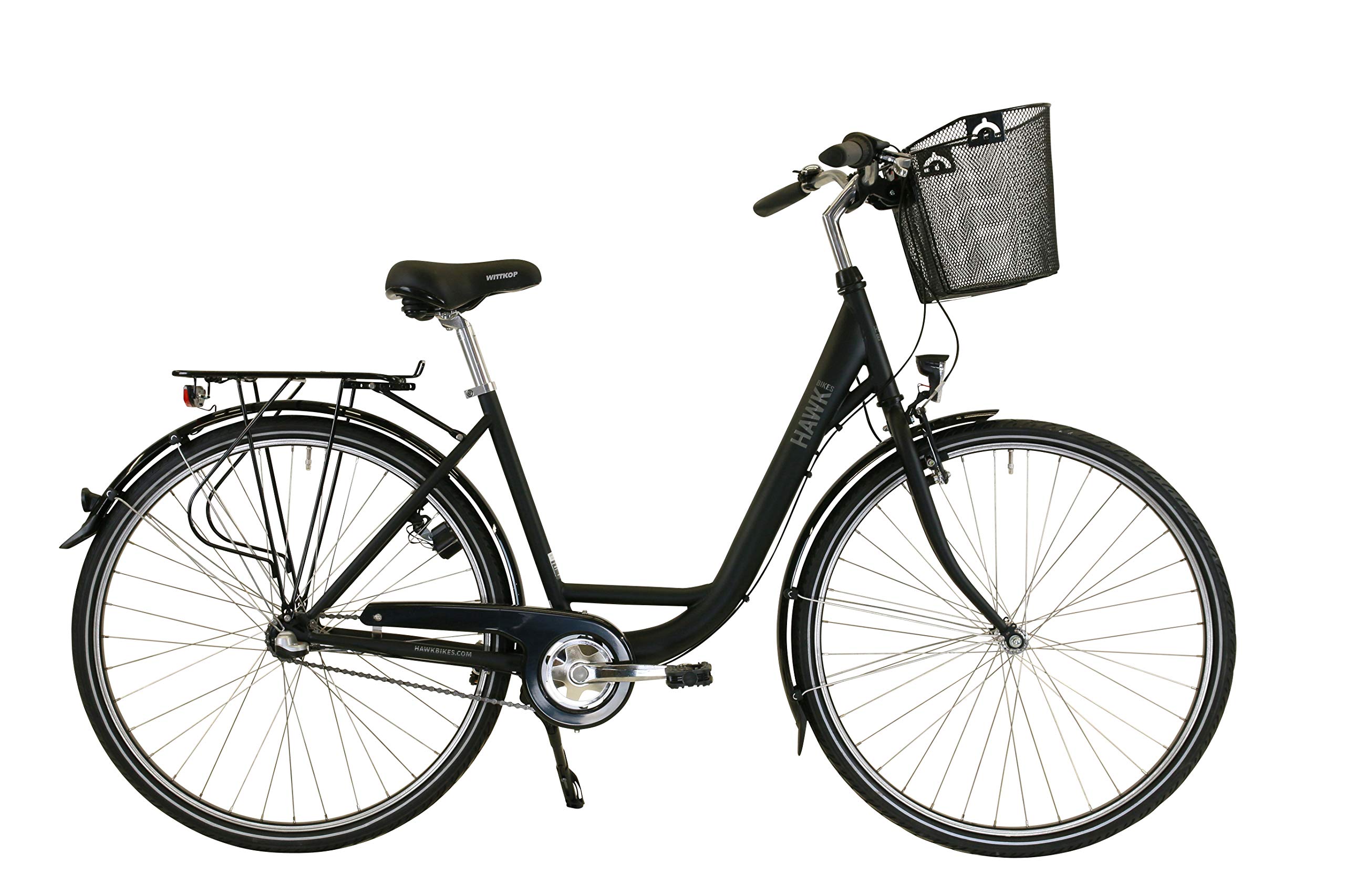 HAWK City Wave Premium Plus Vélo femme avec panier I Vélo pour femme avec moyeu Shimano 3 vitesses, éclairage et poignées ergonomiques