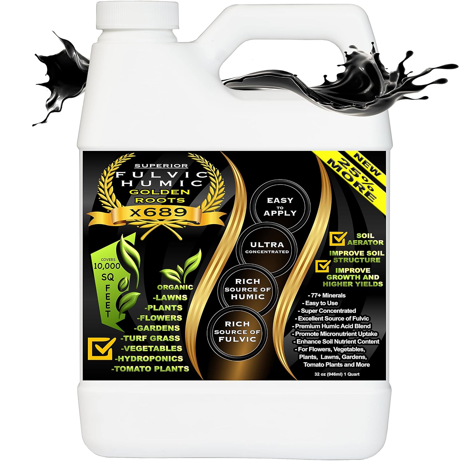 Humic Acid Liquid Aeration Lawn - Humic Acid & Fulvic Acid Liquid Concentrate - 10,000 sq ft - Organic Plant Food Enhancer for Lawn, Plants, Turf Grass & Garden Soil Treatment Conditioner & Aerator. Improve Nutrient & Fertilizer Uptake (32oz)