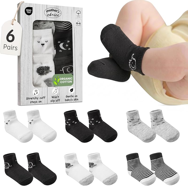 Organic Cotton Blend 6 Cotton Baby Sock 0-6M Shower Registry Gift | Oeko-Tex Certified, Ankle Socks, 6 Pairs, Newborn Socks Boys, Baby Boy Socks , Black- White- Grey For Baby Boys, 0-6 Month