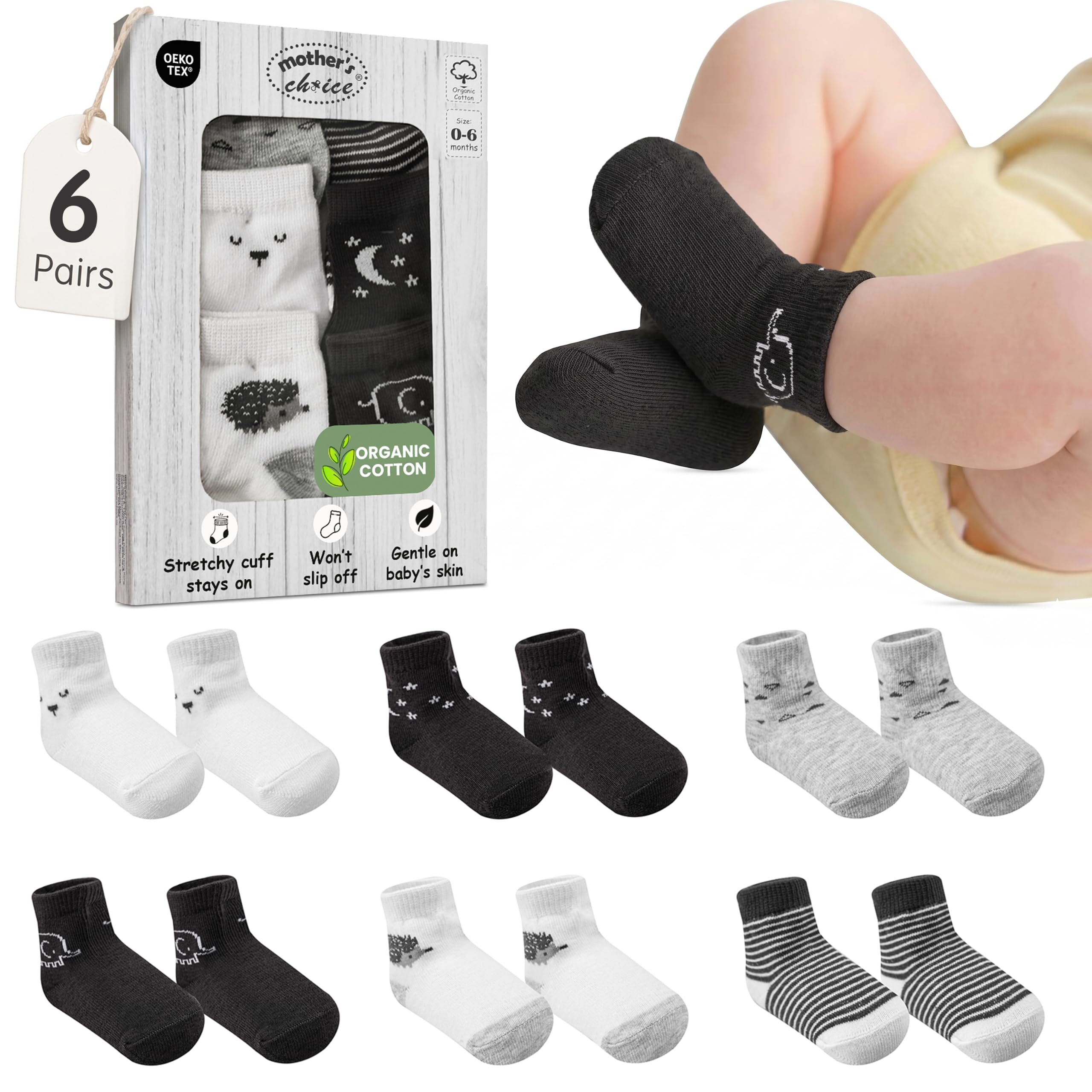 Organic Cotton Blend 6 Cotton Baby Sock 0-6M Shower Registry Gift | Oeko-Tex Certified, Ankle Socks, 6 Pairs, Newborn Socks Boys, Baby Boy Socks , Black- White- Grey For Baby Boys, 0-6 Month 0-6 Months Black - White - Gray