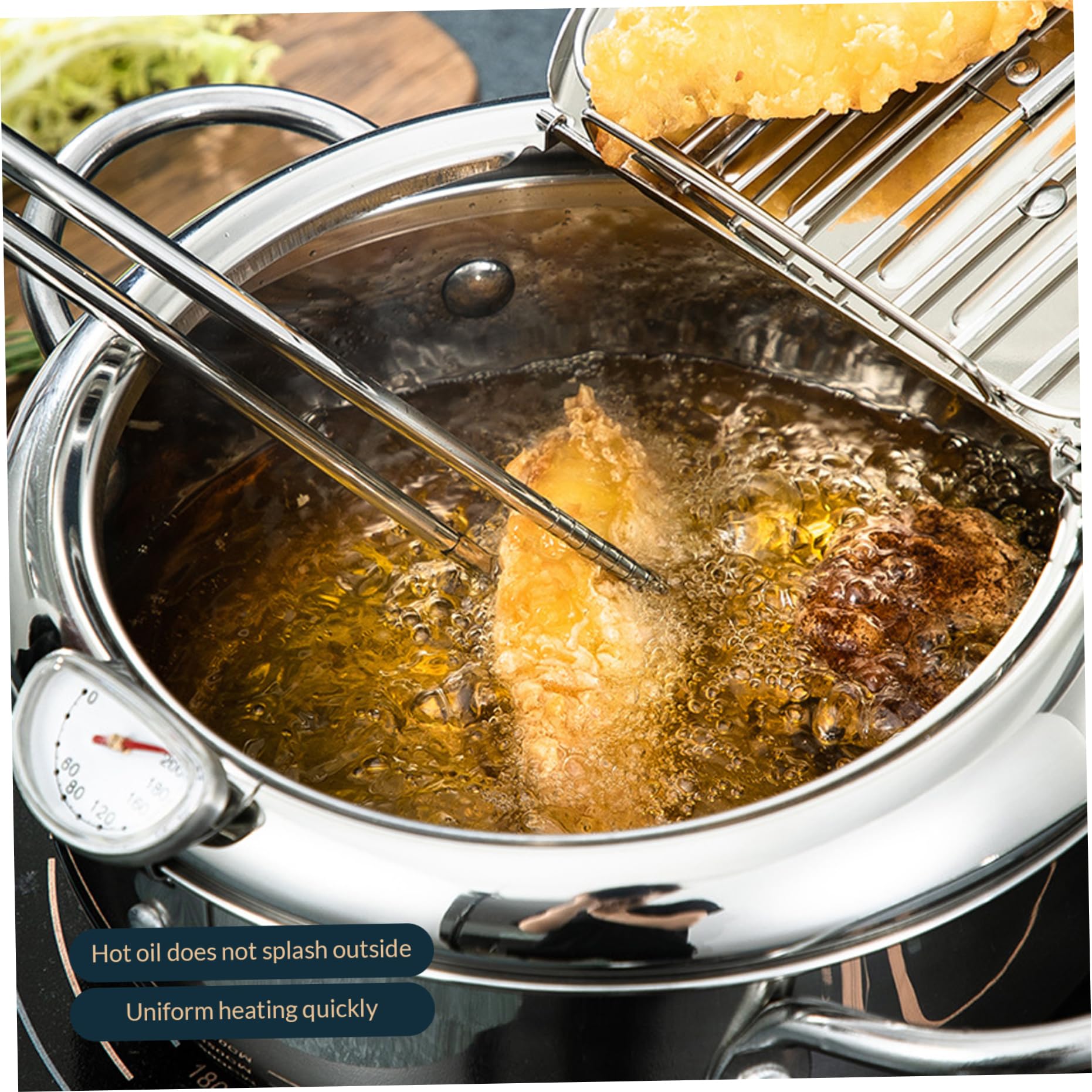 Olla freidora Olla para freír tempura japonesa de acero inoxidable de 3, 2 L con escurridor de temperatura y goteo de aceite Rejilla para freír pequeña de 9, 4 pulgadas con asas para cocina Pescad